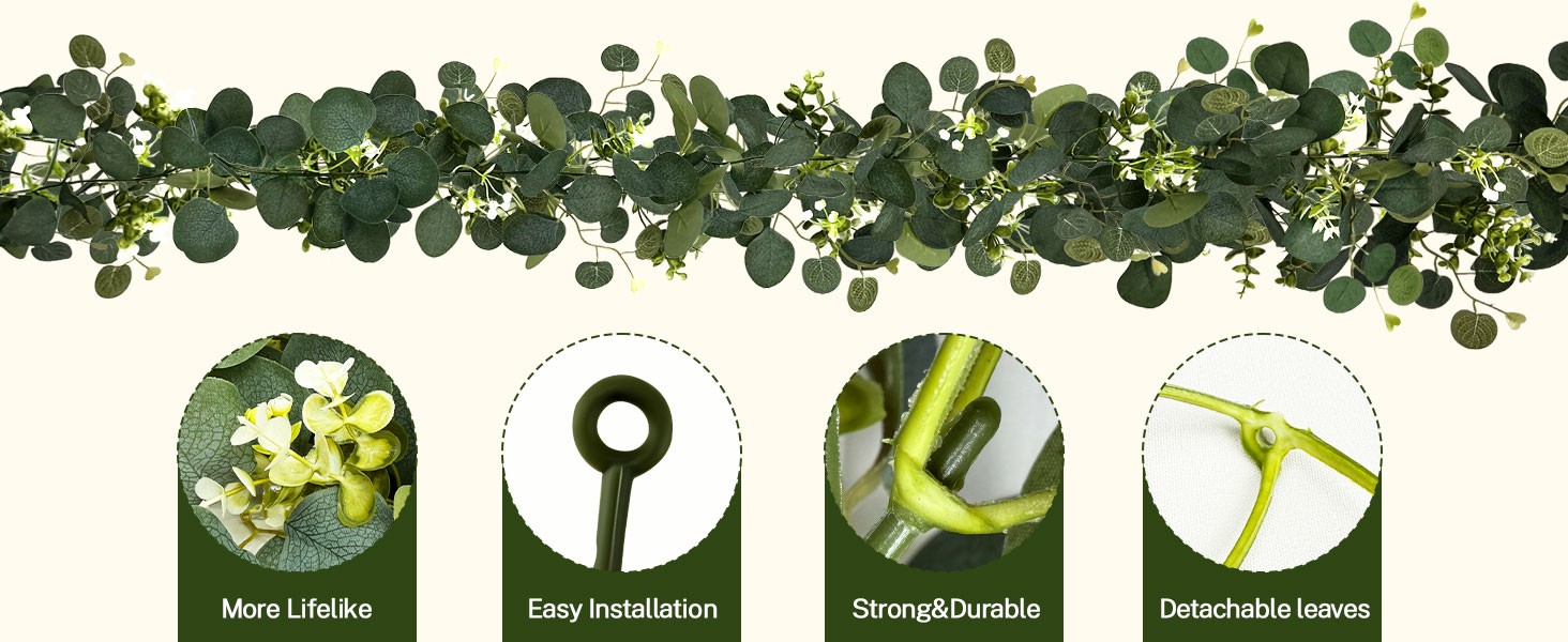 Eucalyptus Garland, 8Pcs 6FT Green Flower Garland Decor, Spring Summer