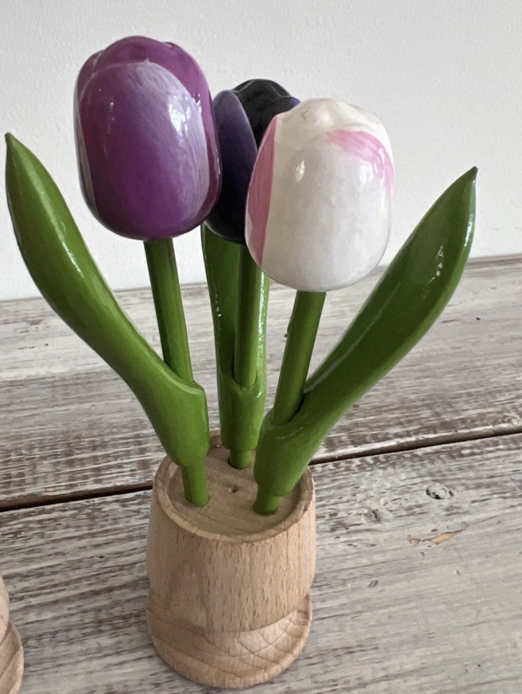 Wooden tulips, 3 spring tulips, 6” flower table decor, wood Base