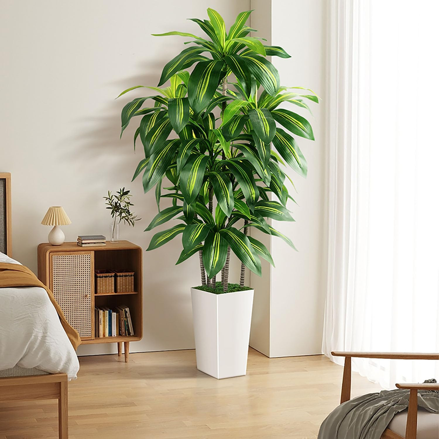 Artificial Dracaena Tree Indoor, 5FT Tall Fake Tree with White Tall Planter, Art