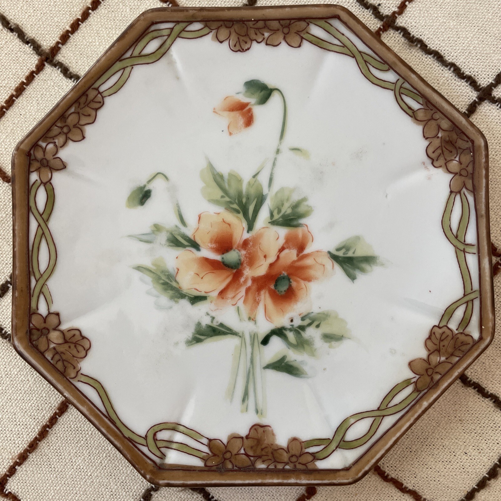 Antique NIPPON porcelain footed Planter Plate Poppy flowers Sun mark