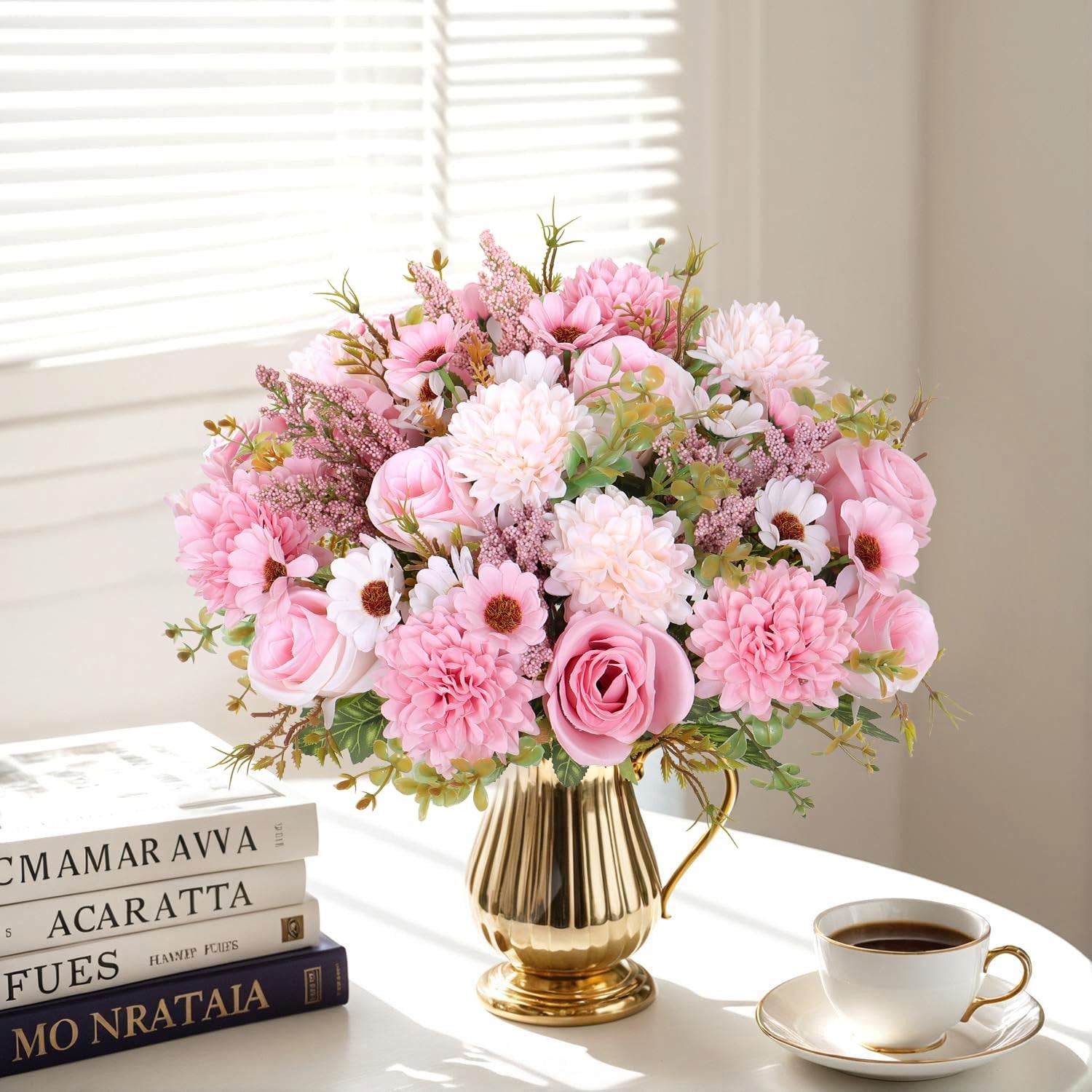 Artificial Flowers Like Real Bouquet 4 Packs Silk Roses Daisy Pink
