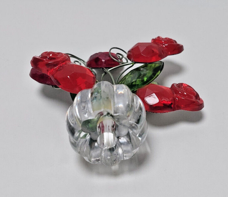 Vintage Acrylic Plastic Red Roses Flower Green Leaves Clear pot 4×4” Wire Stems