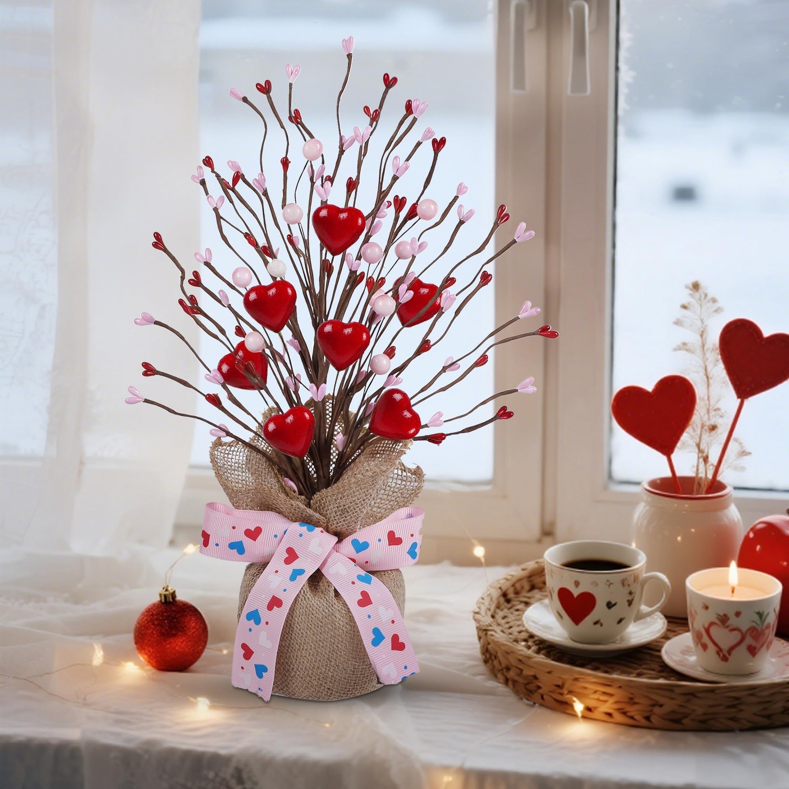 DR.DUDU 2 Pack 14 Inch Valentine Tree with Pink & 14 inches, Green, Pink, Red