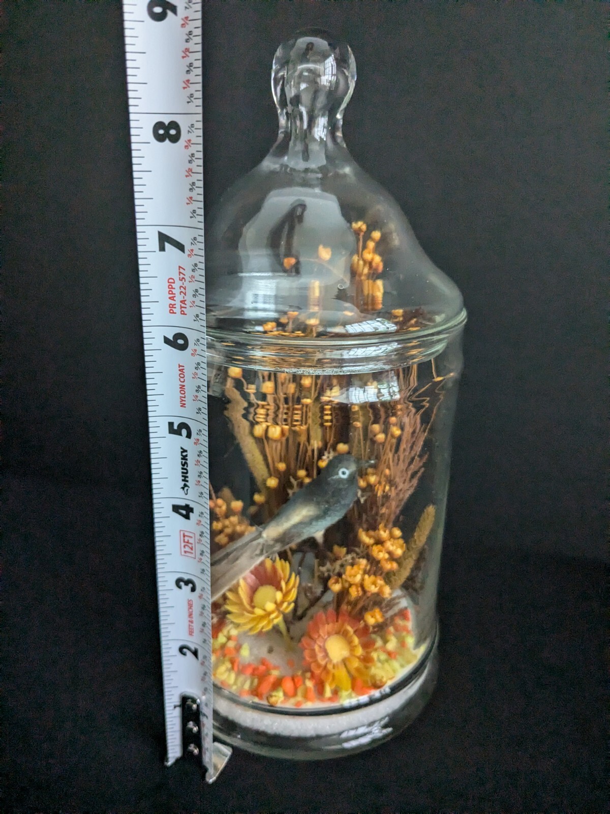Vtg 1970’s Bird & Flowers Arrangement Dome Orange Yellow Brown Fall Decor