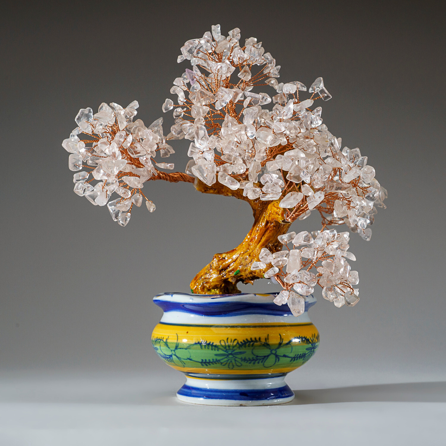 Genuine Quartz Gemstone Bonsai Tree in Round Ceramic Pot (8.5”)