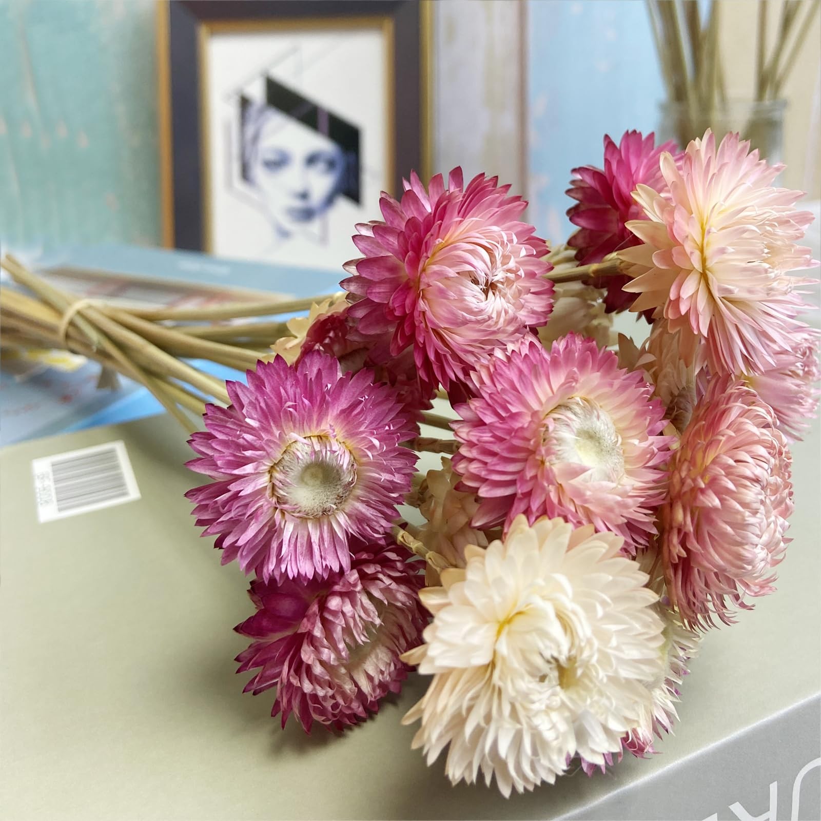 16 PCS Pink White Natural Daisy Strawflower Dried Flower Bouquets Party Decor