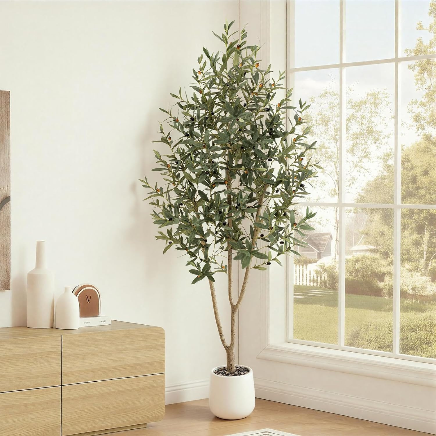 7FT Lifelike Olive Tree with White Planter for Home & Office Decor