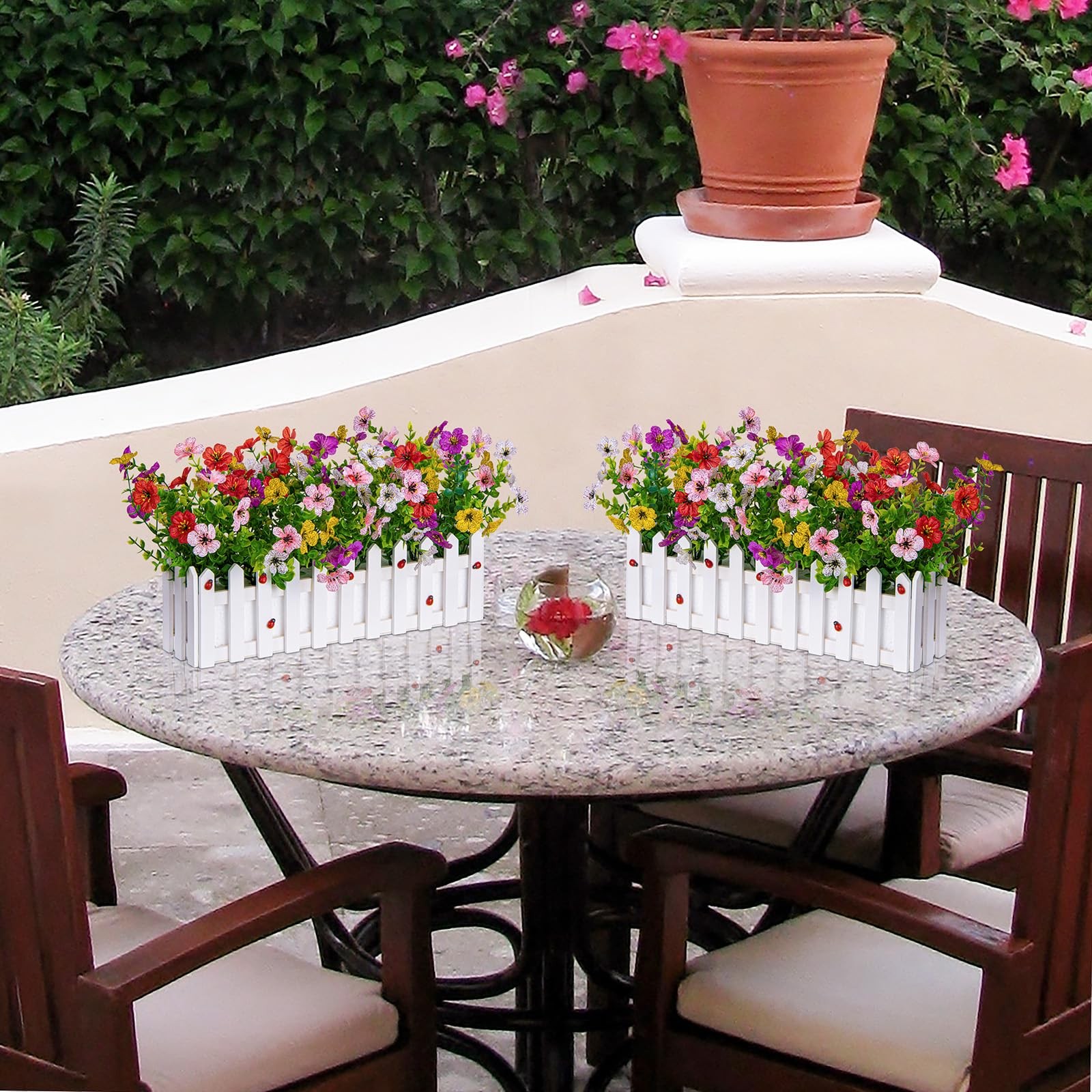 Artificial Colorful Flowers Plants in Picket Fence Pot, Fake Silk Flowers Euc…