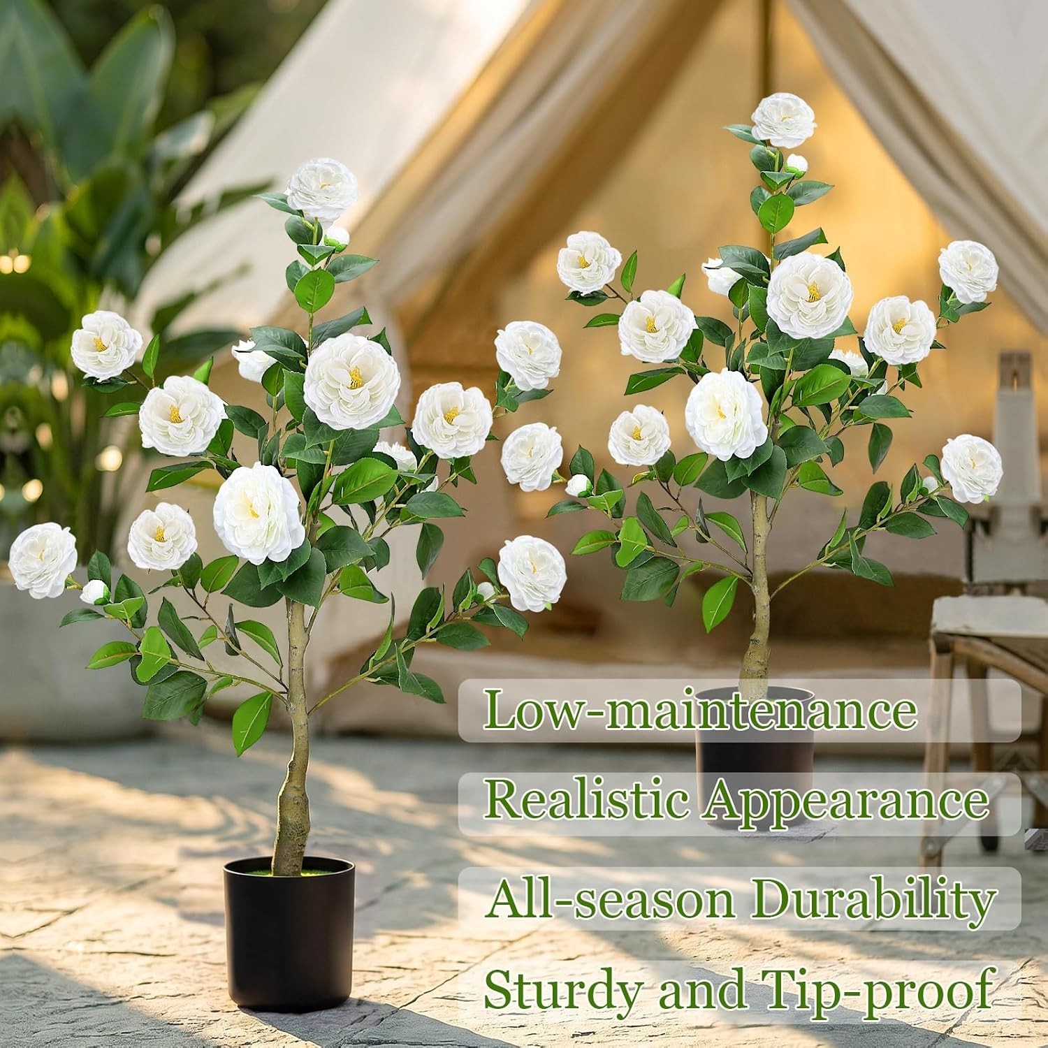 2 Pack Artificial Camellia Trees for Outdoor, 3FT Camellia Tree Potted with Faux