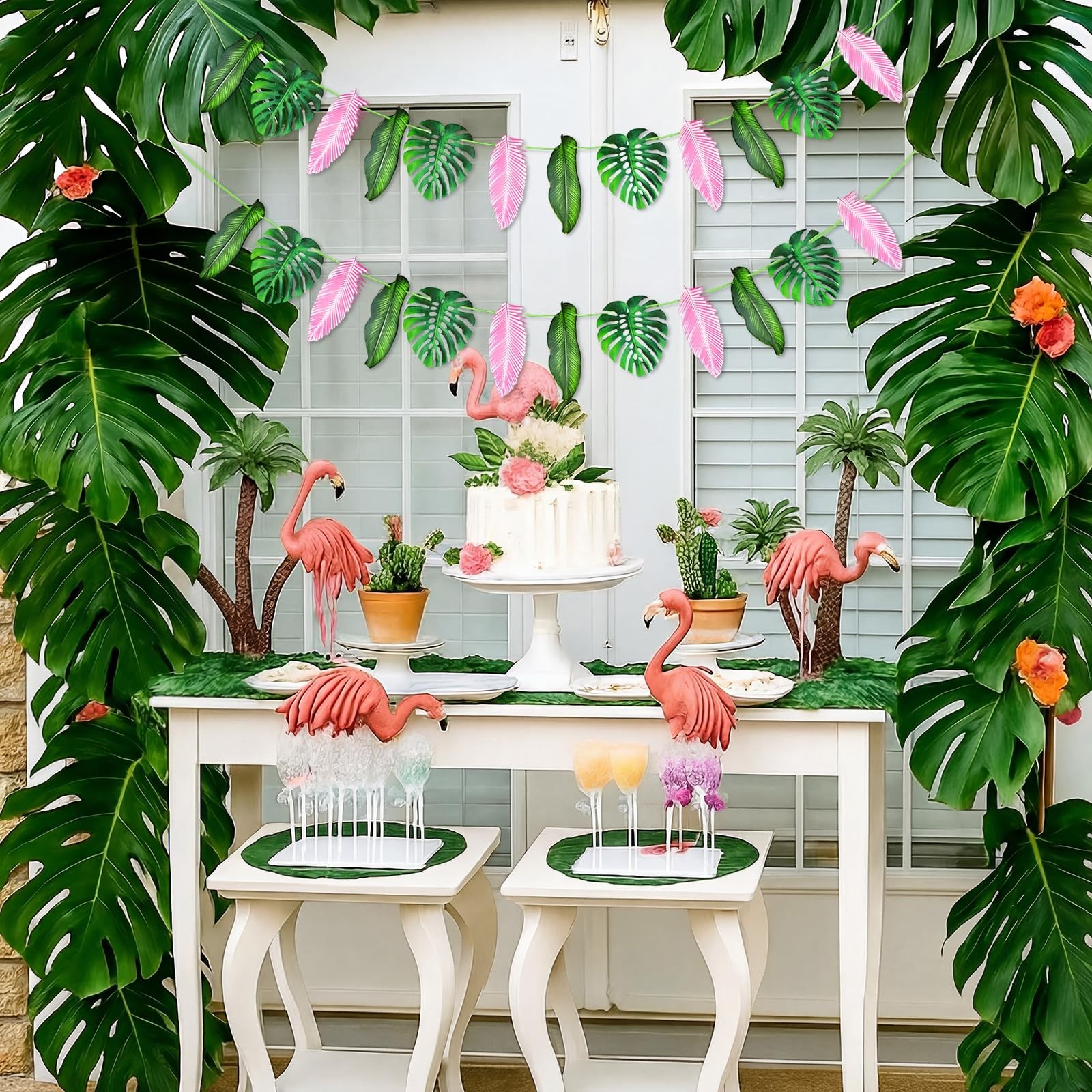 24 Pcs 8.5 ft Artificial Tropical Palm Leaves Garland – Pink Green Monstera L…