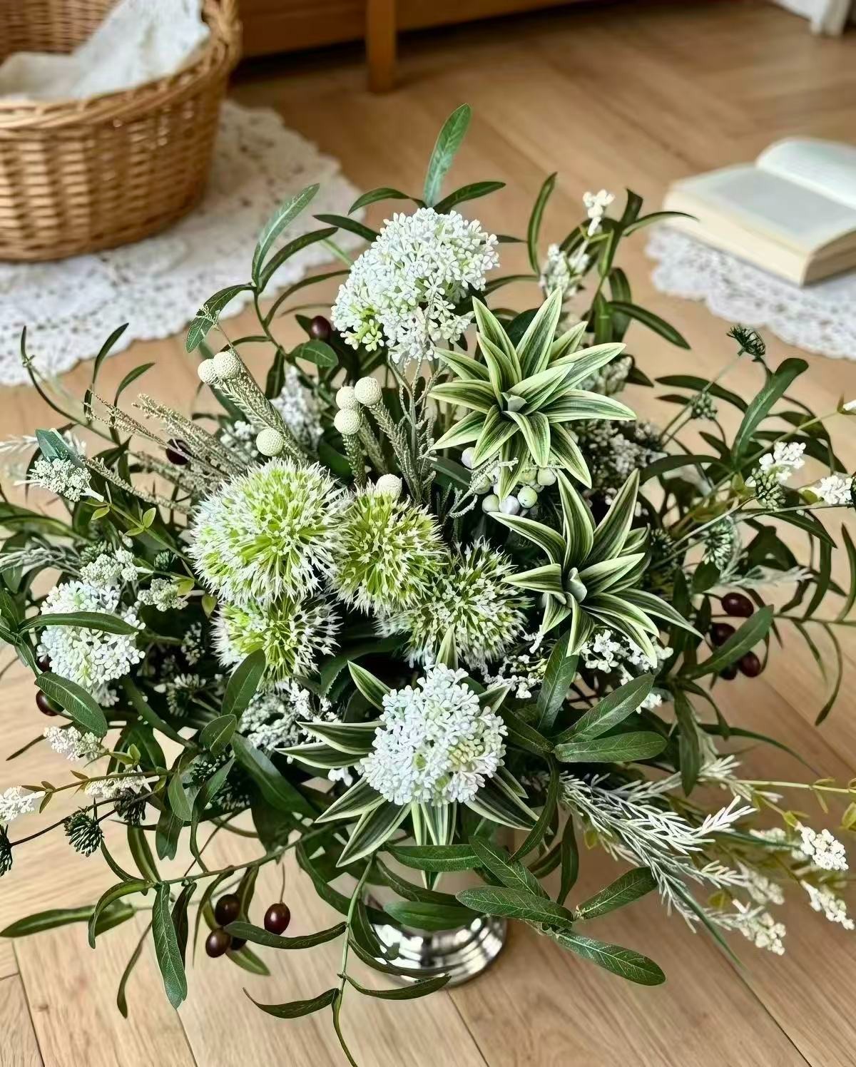 French Country White Green Floral Arrangement Luxury Home Decor