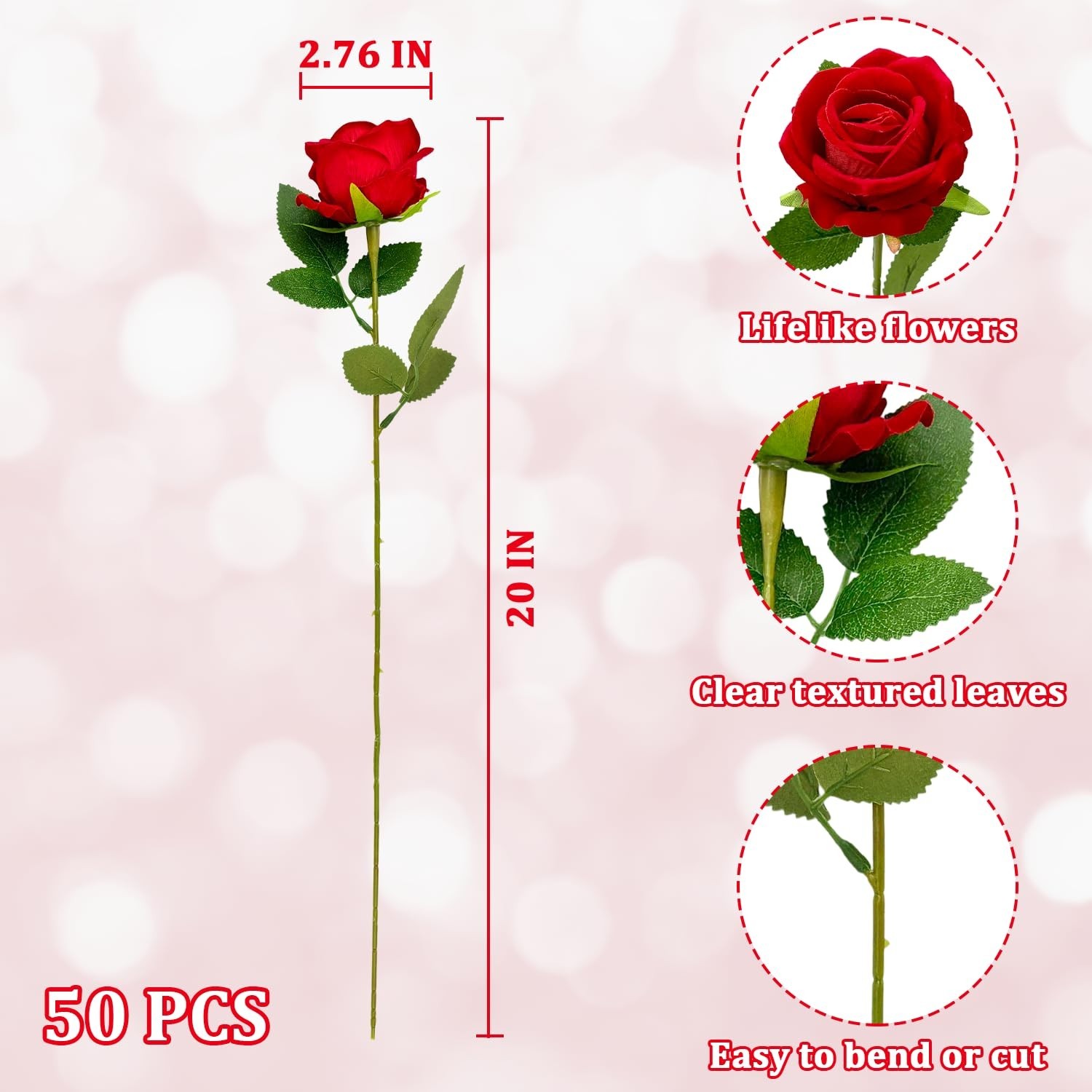 50 PCS Velvet Silk Red Roses – Realistic Faux Flowers for Wedding Centerpieces &