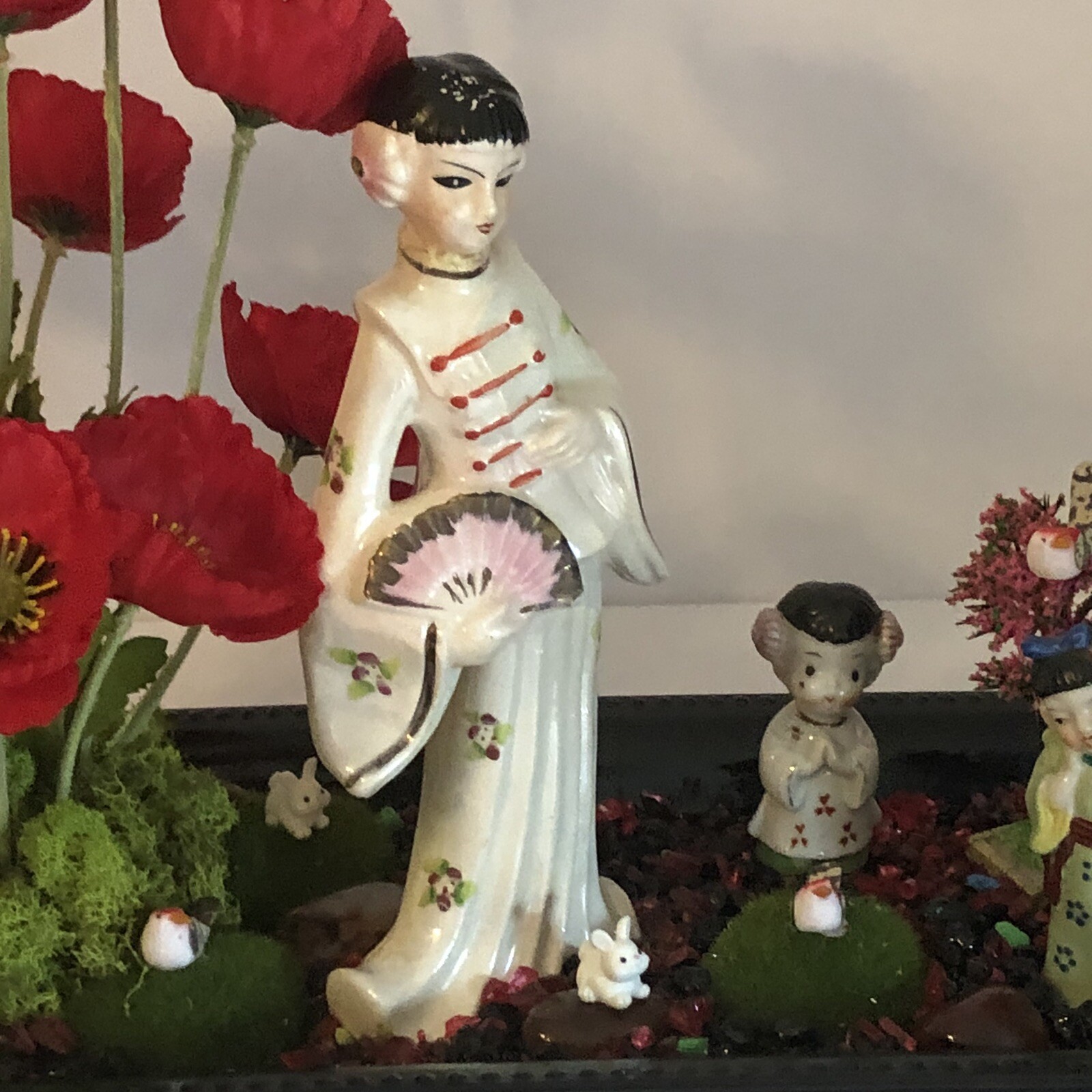 OOAK Asian Art Assemblage Geisha Garden Diorama Faux Poppies Home Decor