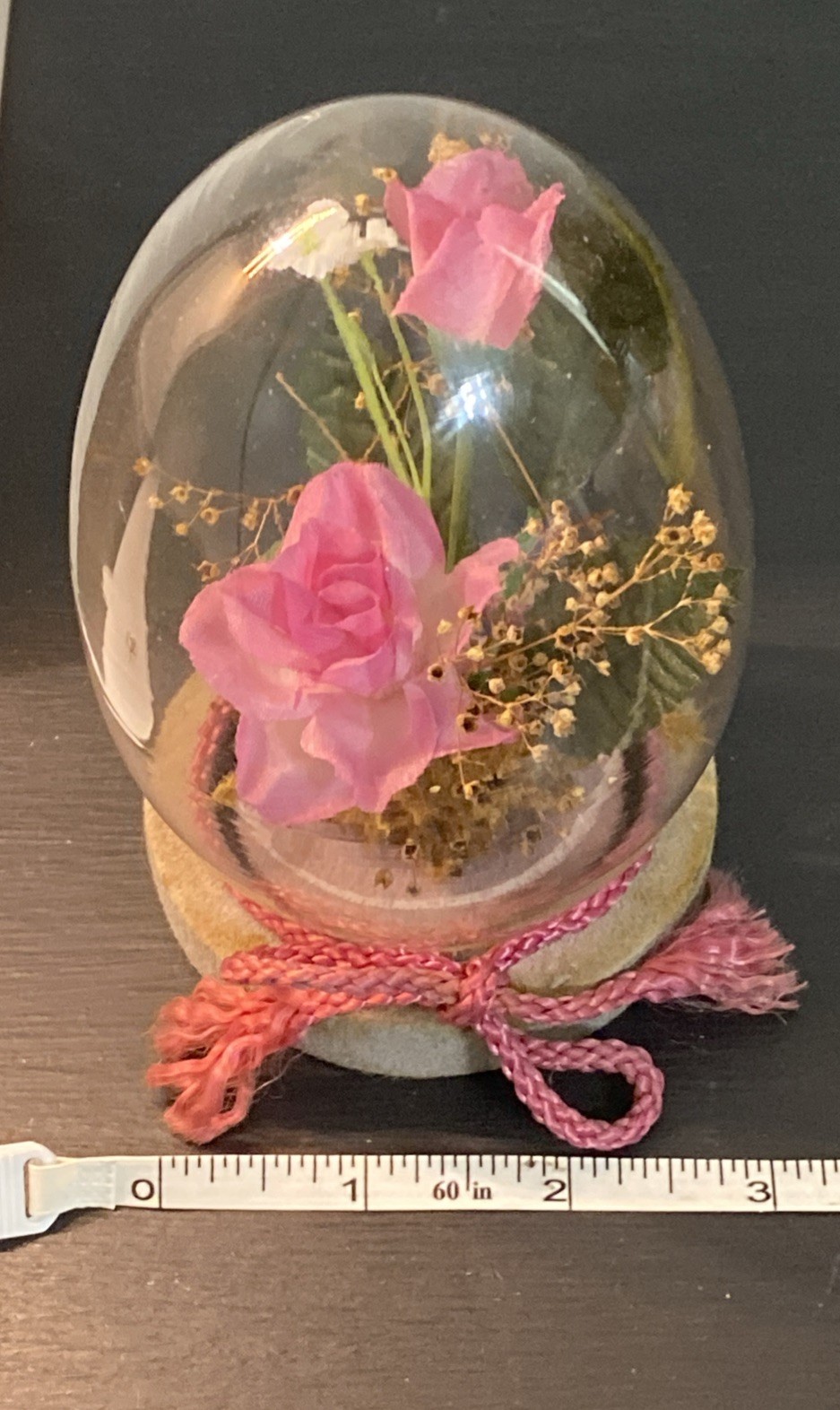 Vintage Glass Dome Decor Faux Dried Pink Rose Plant Floral