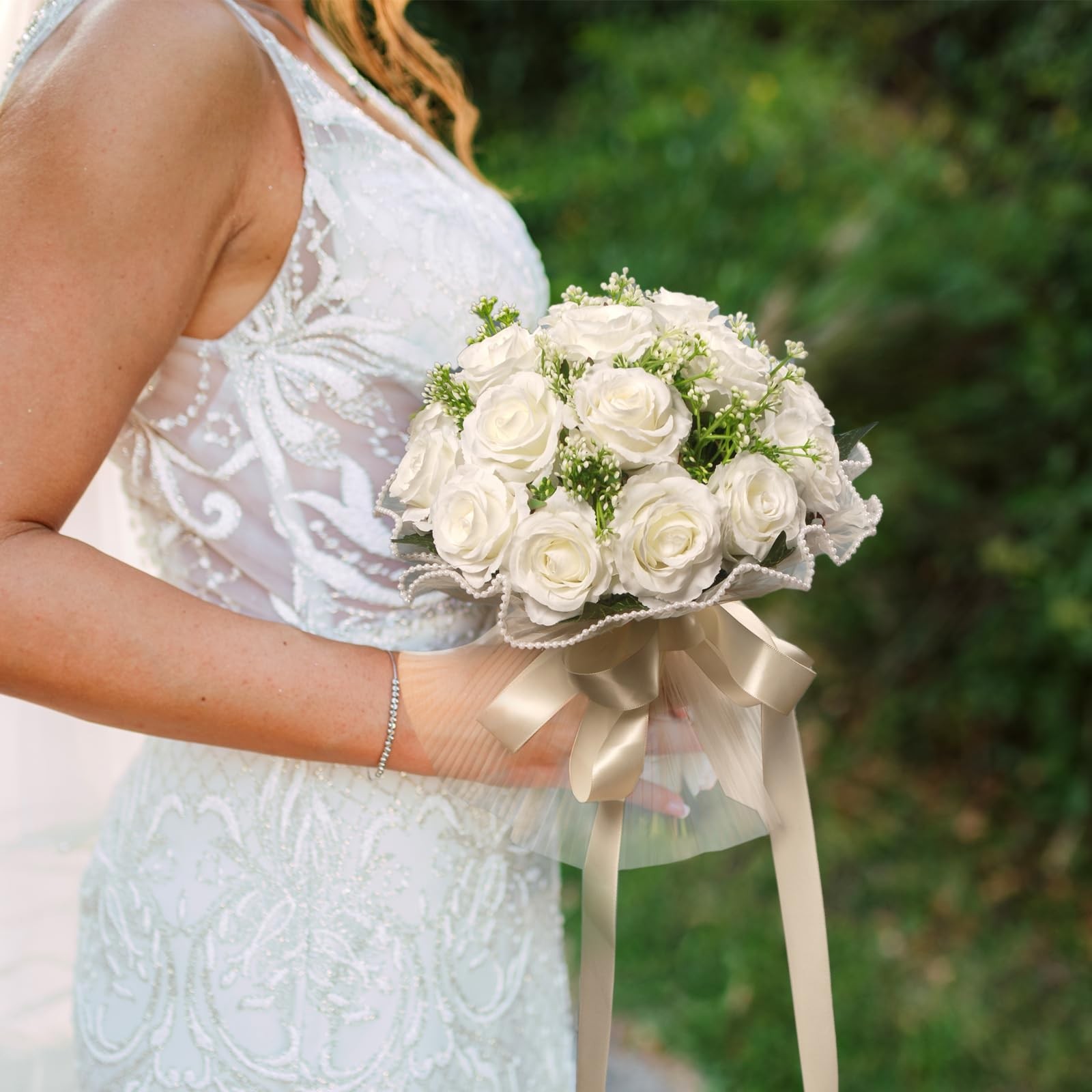 Ivory White Bridal Wedding Bouquet Bridesmaid Flowers Artificial Toss Rose Silk
