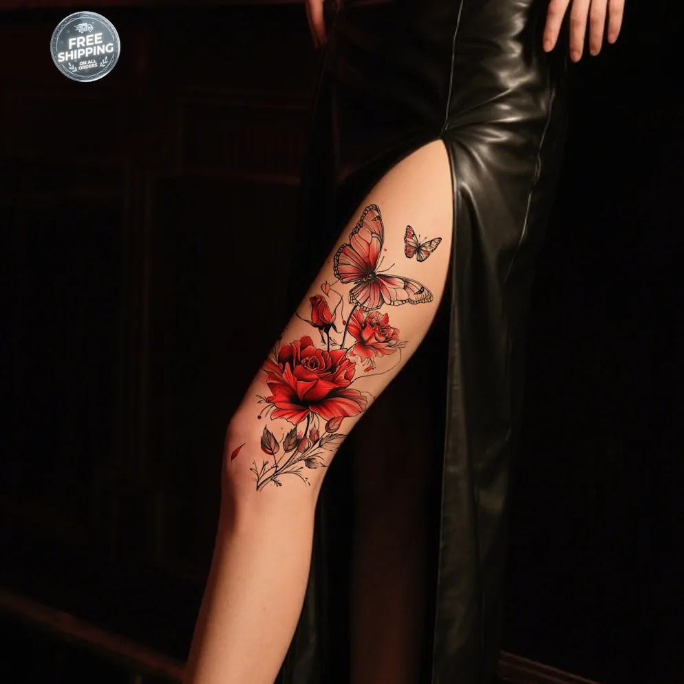 Long Lasting Waterproof Red Flower Butterfly Temporary Fake Tattoos For Women