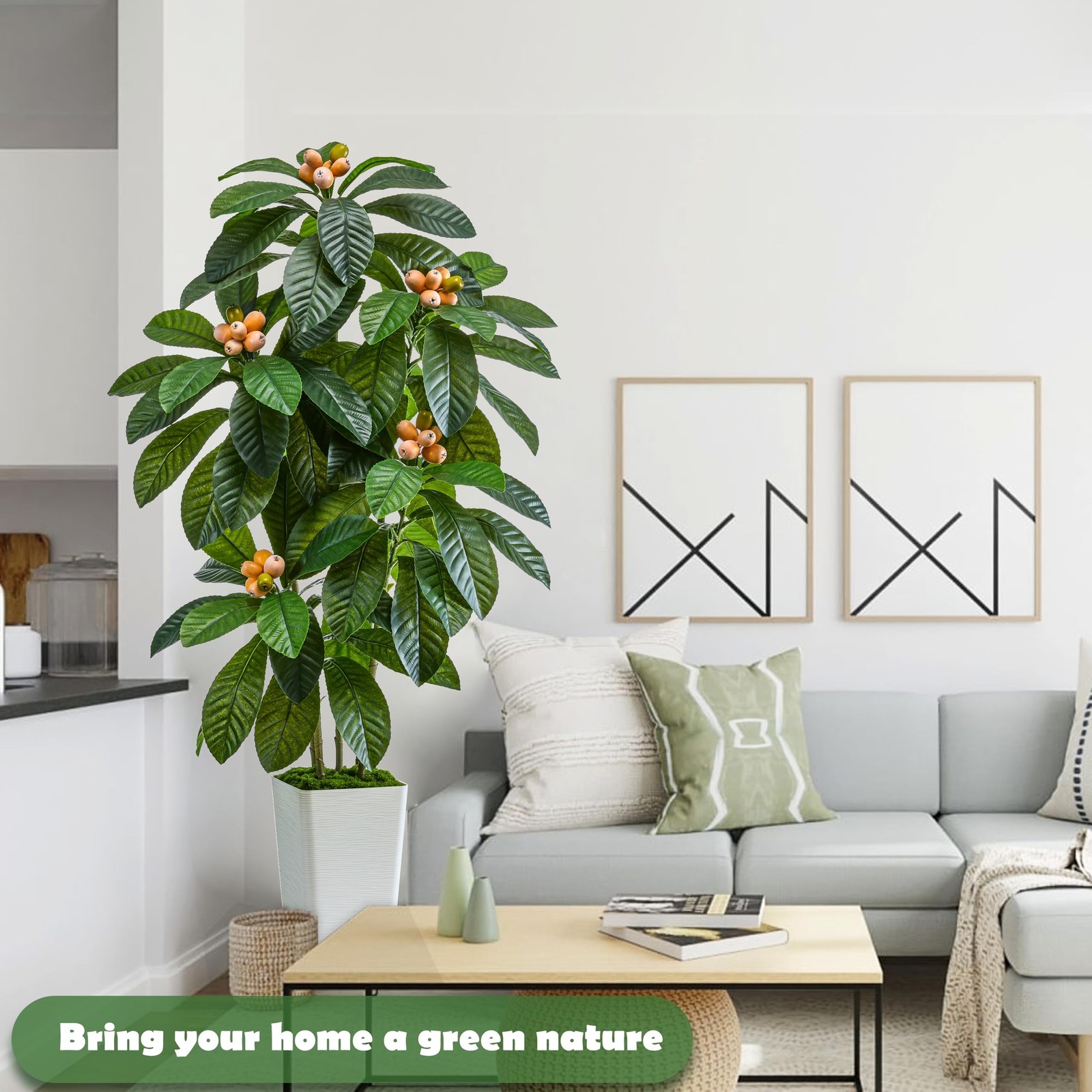 TXABL Artificial Fruit Tree 5FT, Fake Loquat Tree Indoor White Tall Planter