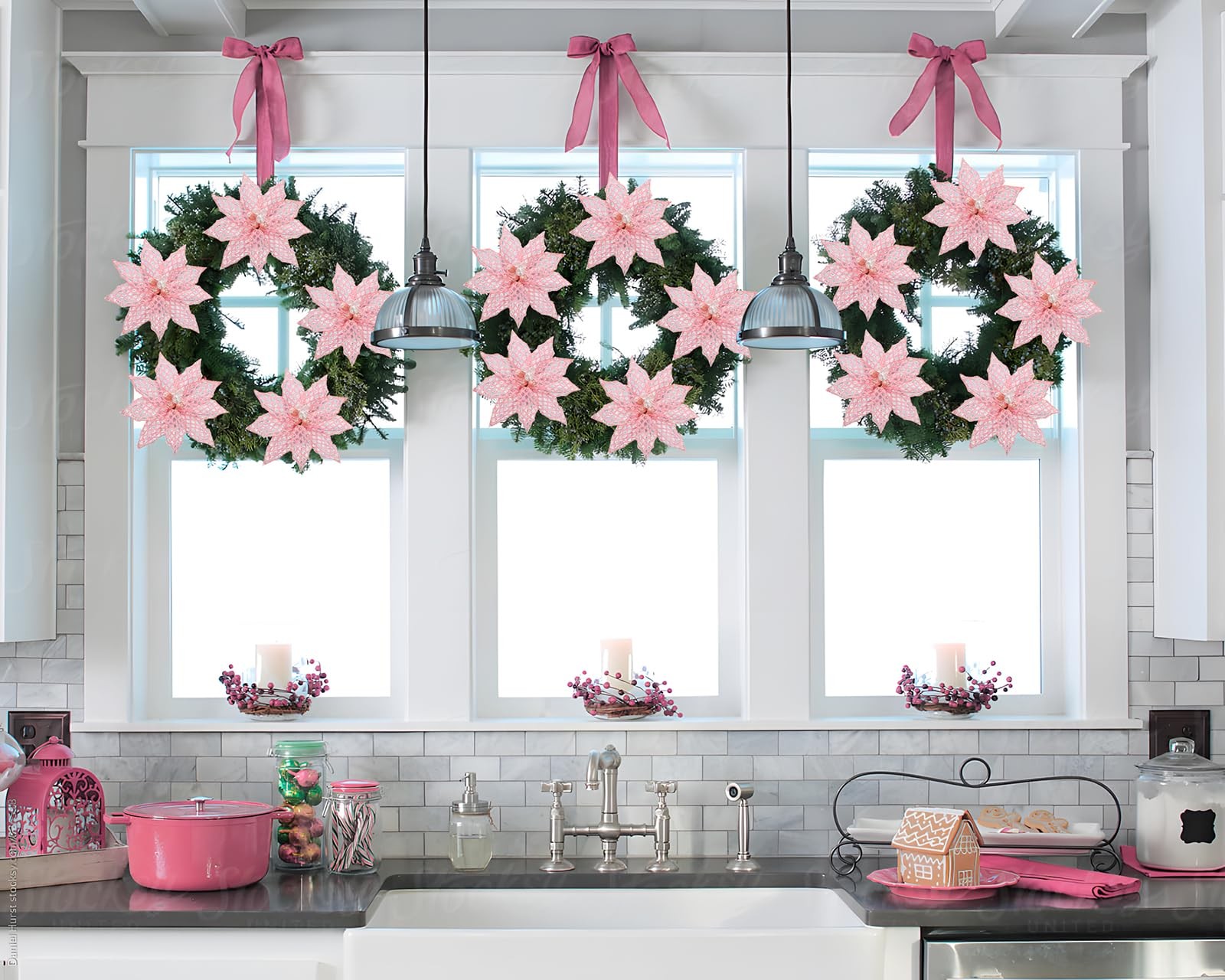 3PCS Poinsettias Artificial Christmas Flowers 22.4in Long Stem Pink Glitter M…