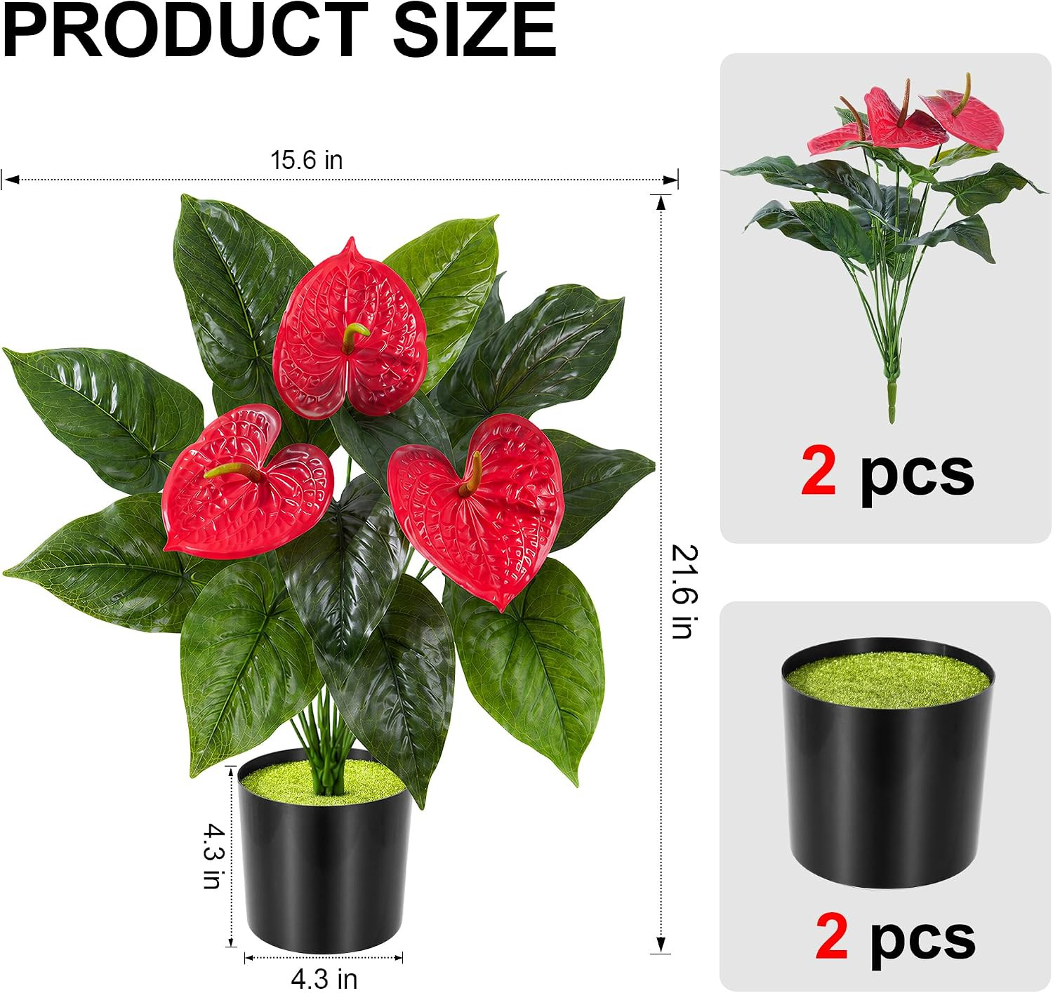 2 Pack Anthurium Artificial Flowers Plants with Pots for Indoor Outdoor Decorati