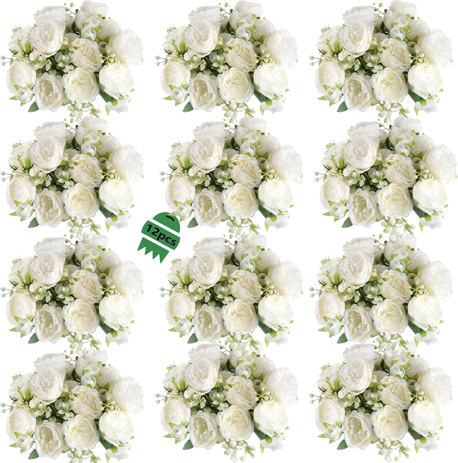 12 Bundles Peonies Artificial White Flowers Bouquet, Lifelike Silk Fake Peonies