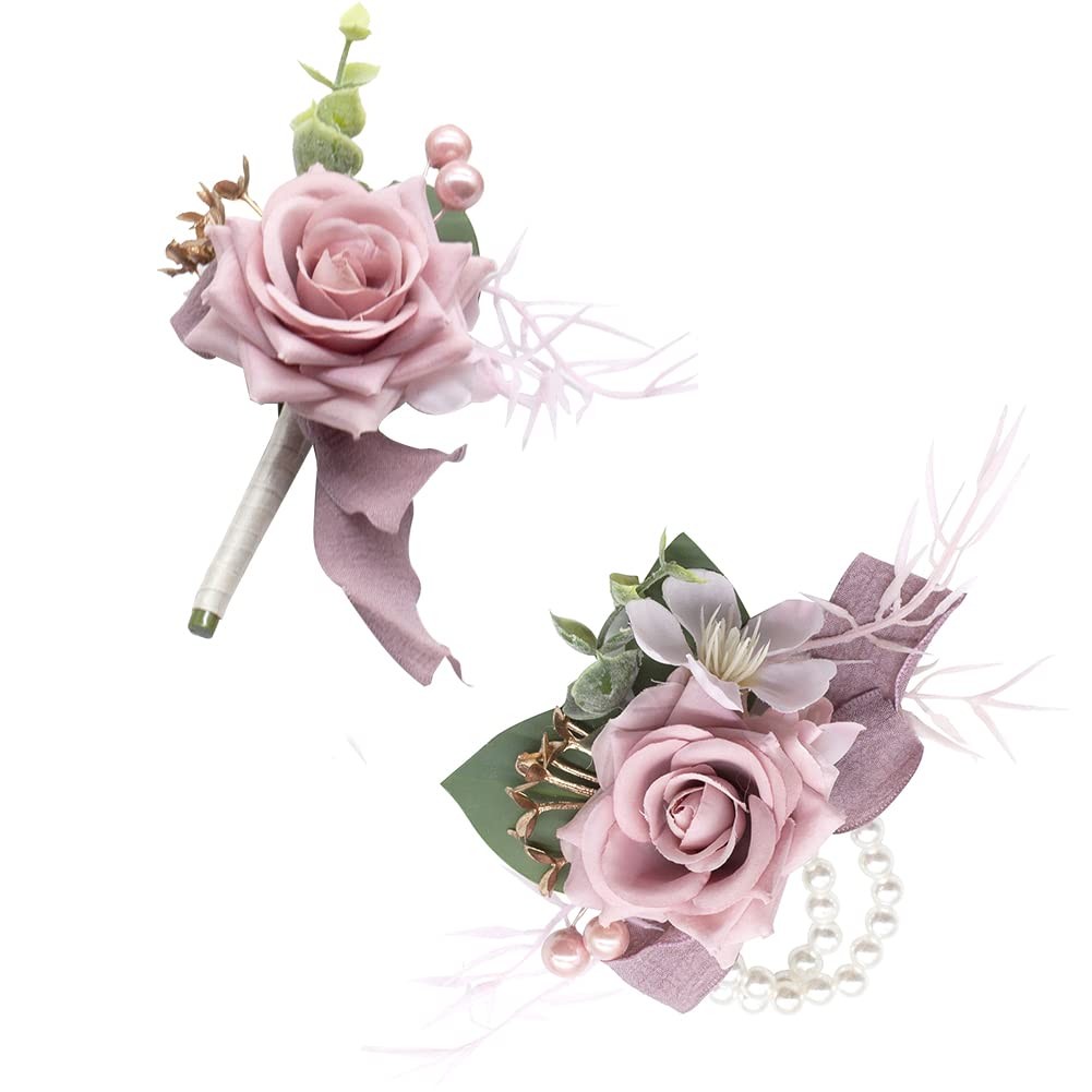 Dusty Pink Corsage and Boutonniere Set, Artificial Flower Wrist Bracelets, Ho…