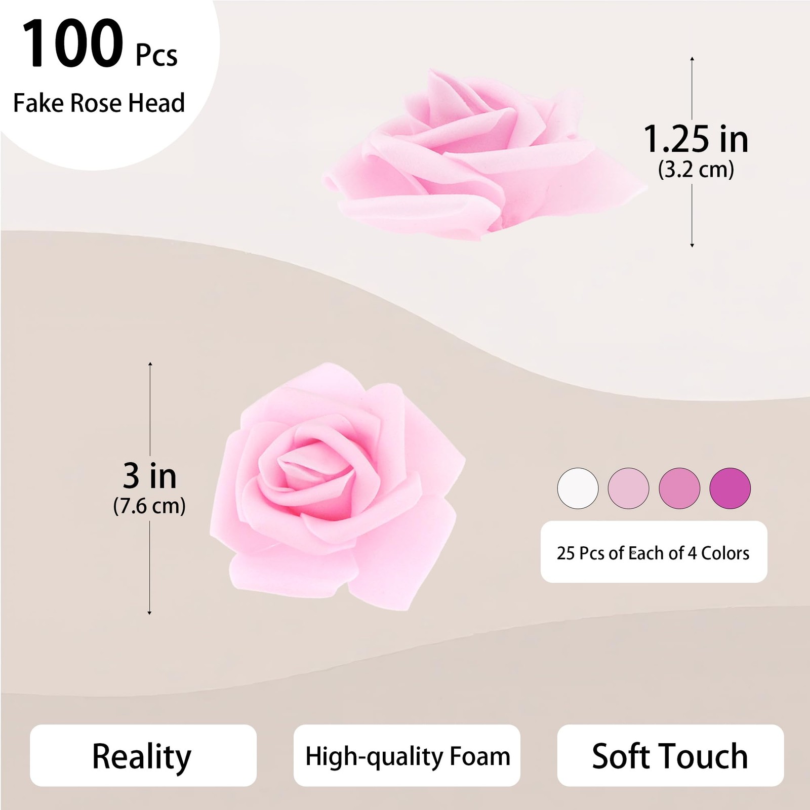 100 PCS 3 Inch 4 Shades Pink White Artificial Faux Foam Fake Rose Head