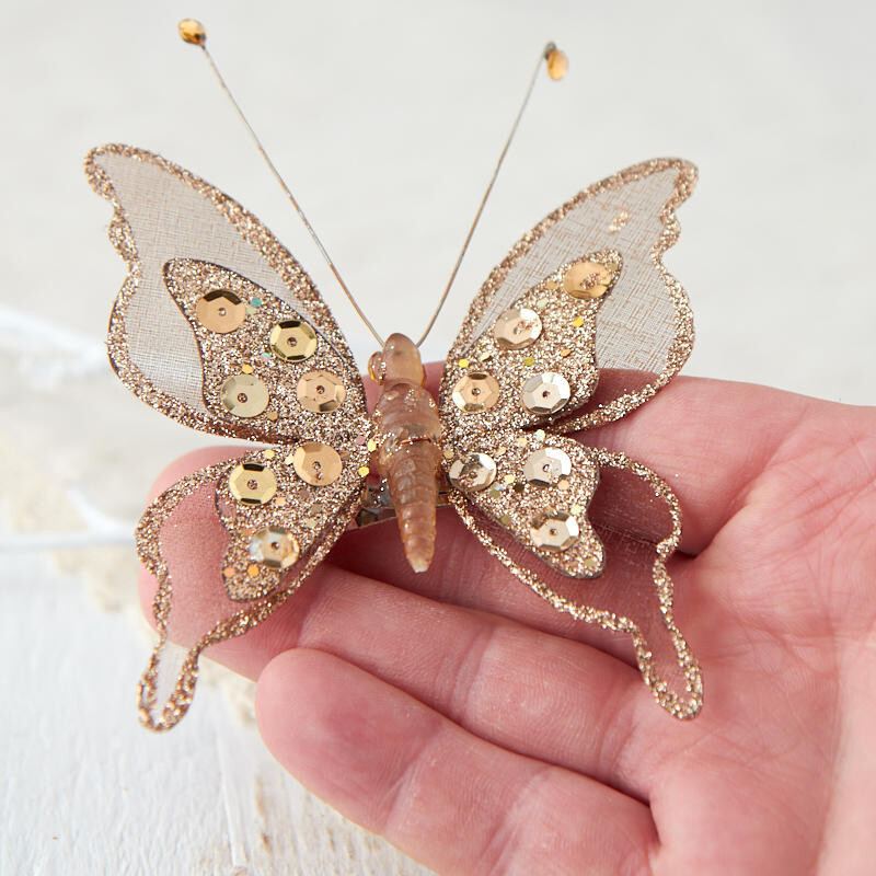 Set of 4 Brown Sequined and Glitter Artificial 3-1/2″ Butterflies with Clips