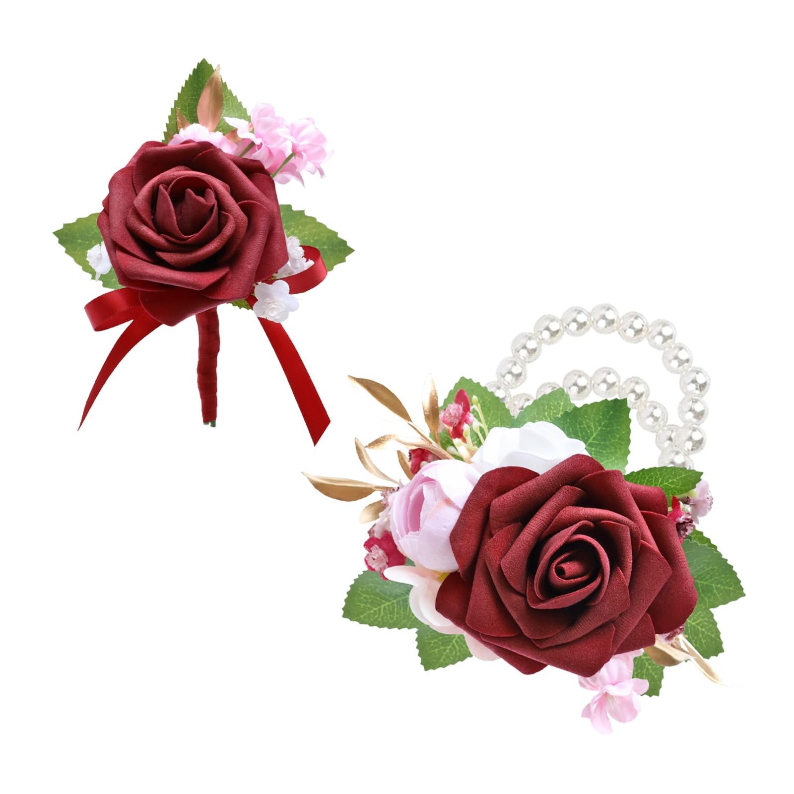 2 PCS Burgundy Red Artificial Foam Rose Wrist Corsage Boutonniere Set Prom