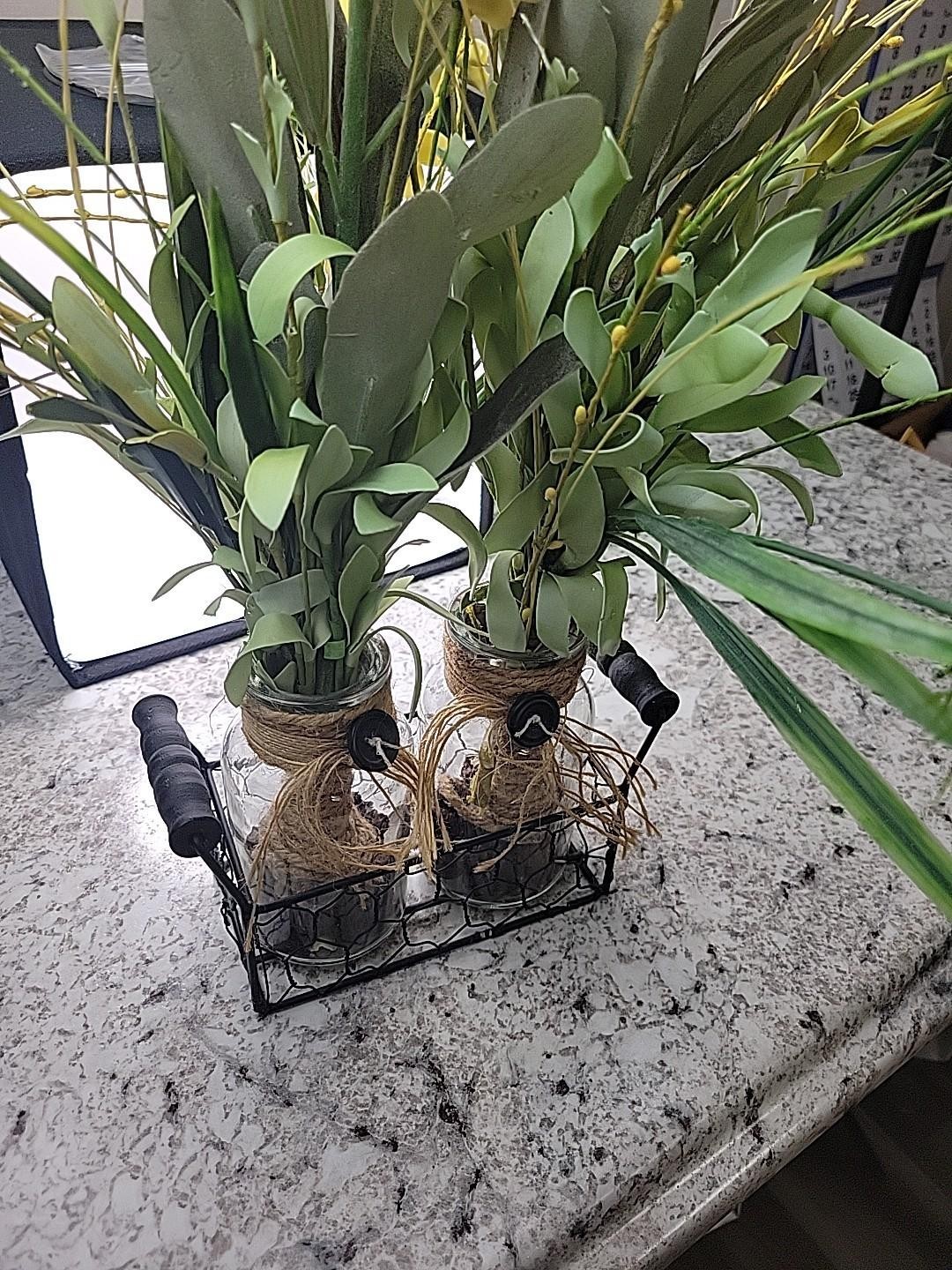 Farmhouse Yellow Artificial Flower Arrangement Glass Jars Metal Caddy Rustic…