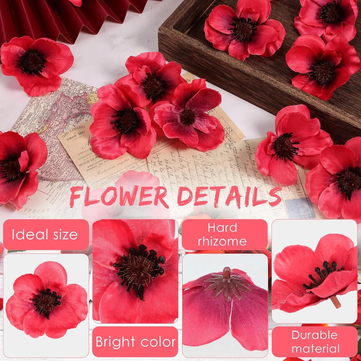 60 Pieces Artificial Poppies Flowers Red Poppy Artificial Silk Faux Steml