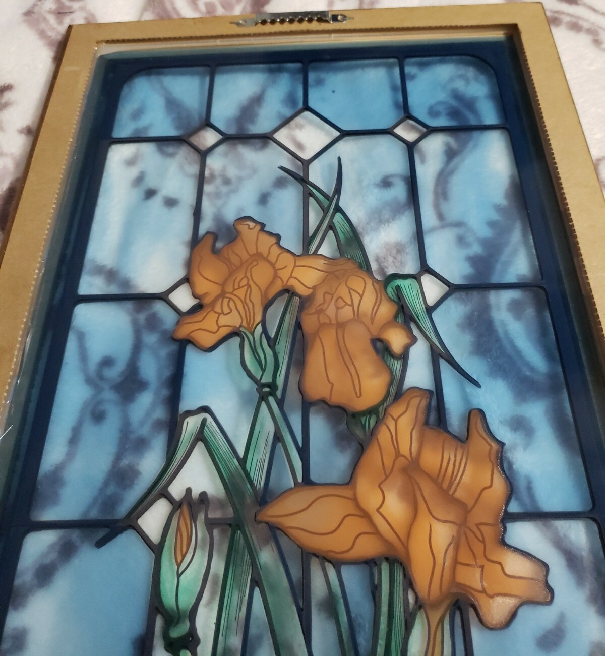 Peach Iris Blue Background Stained Glass Look 23″H x 11.5″W Framed