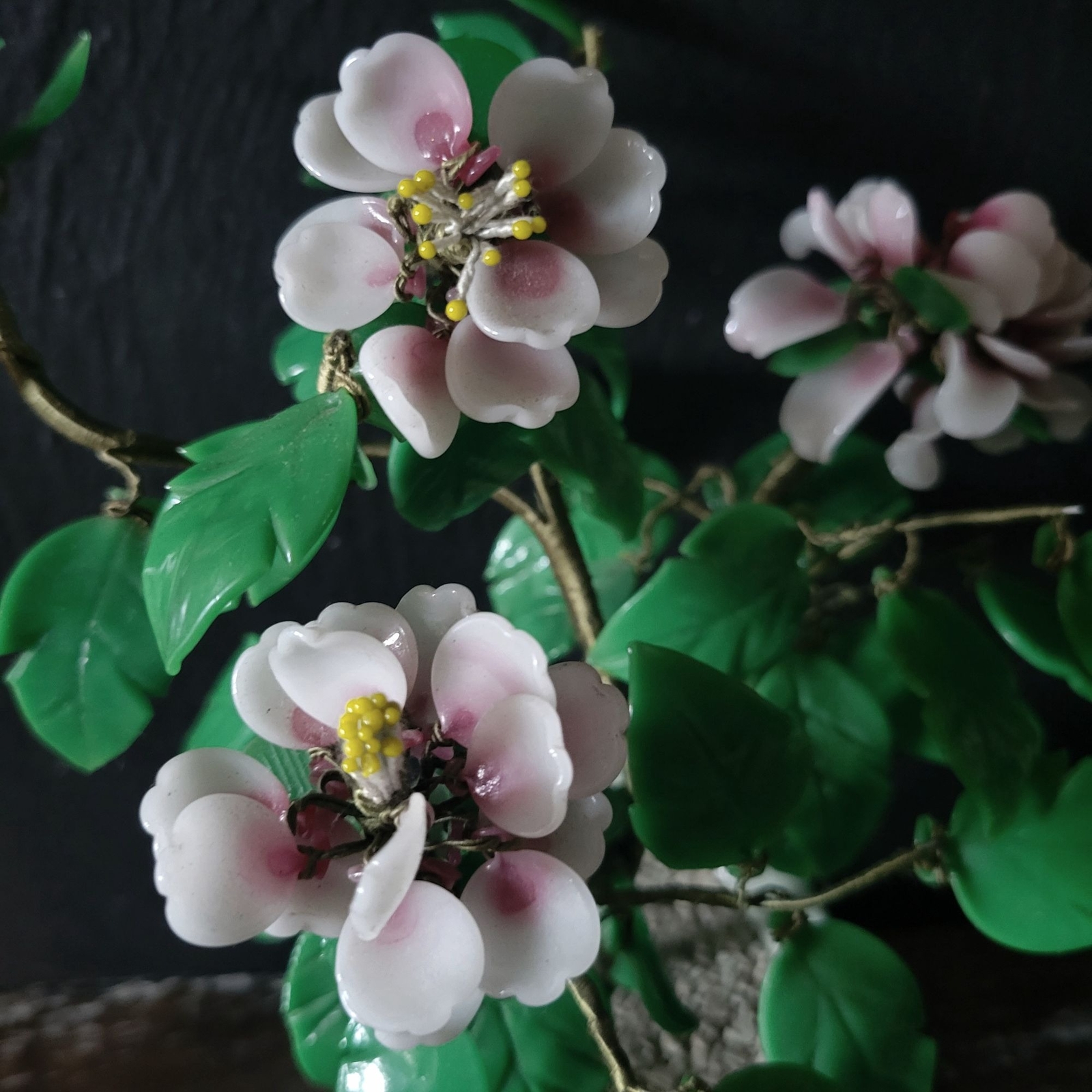 Vtg Glass Pink Flower Bonsai In Celadon Pot, Chinoiserie Flower, Asian 9 Inches