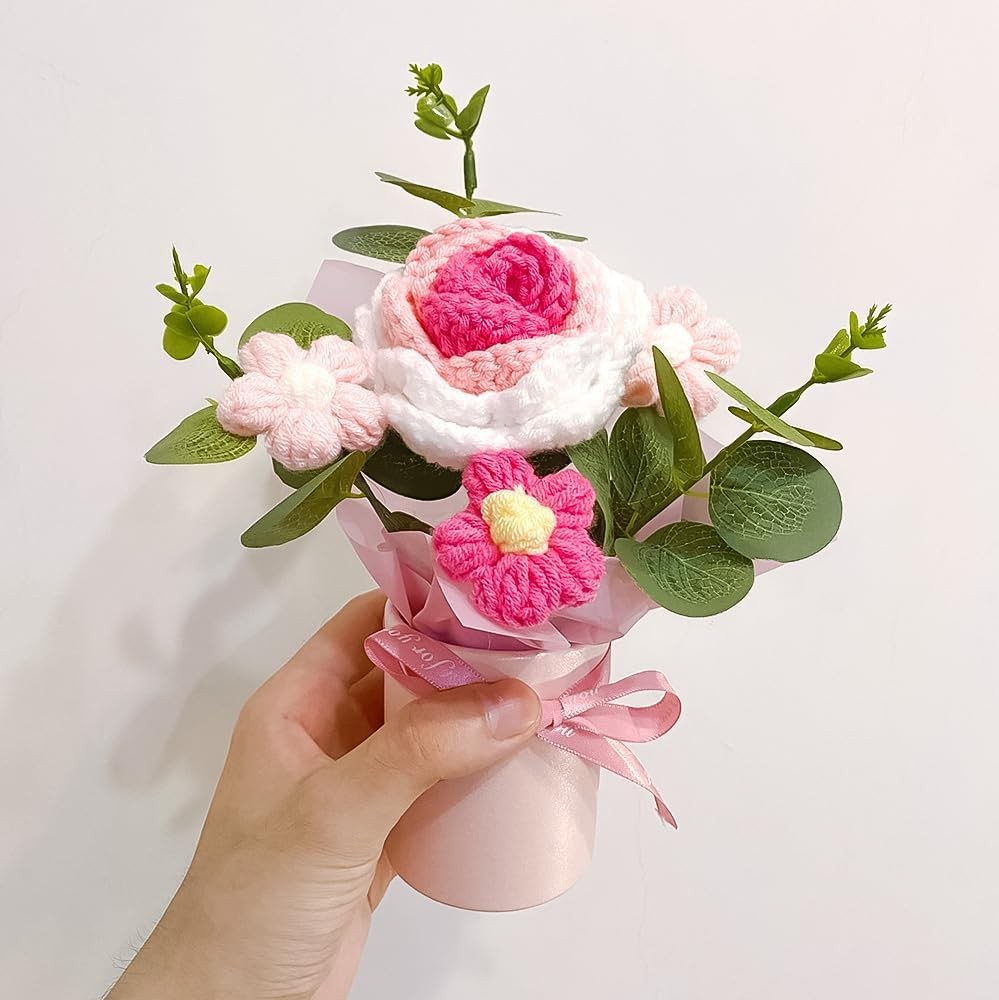 Crochet Medium Rose Flower Bouquet: Handmade Knitted Bouquet for Mother’s Day Bi