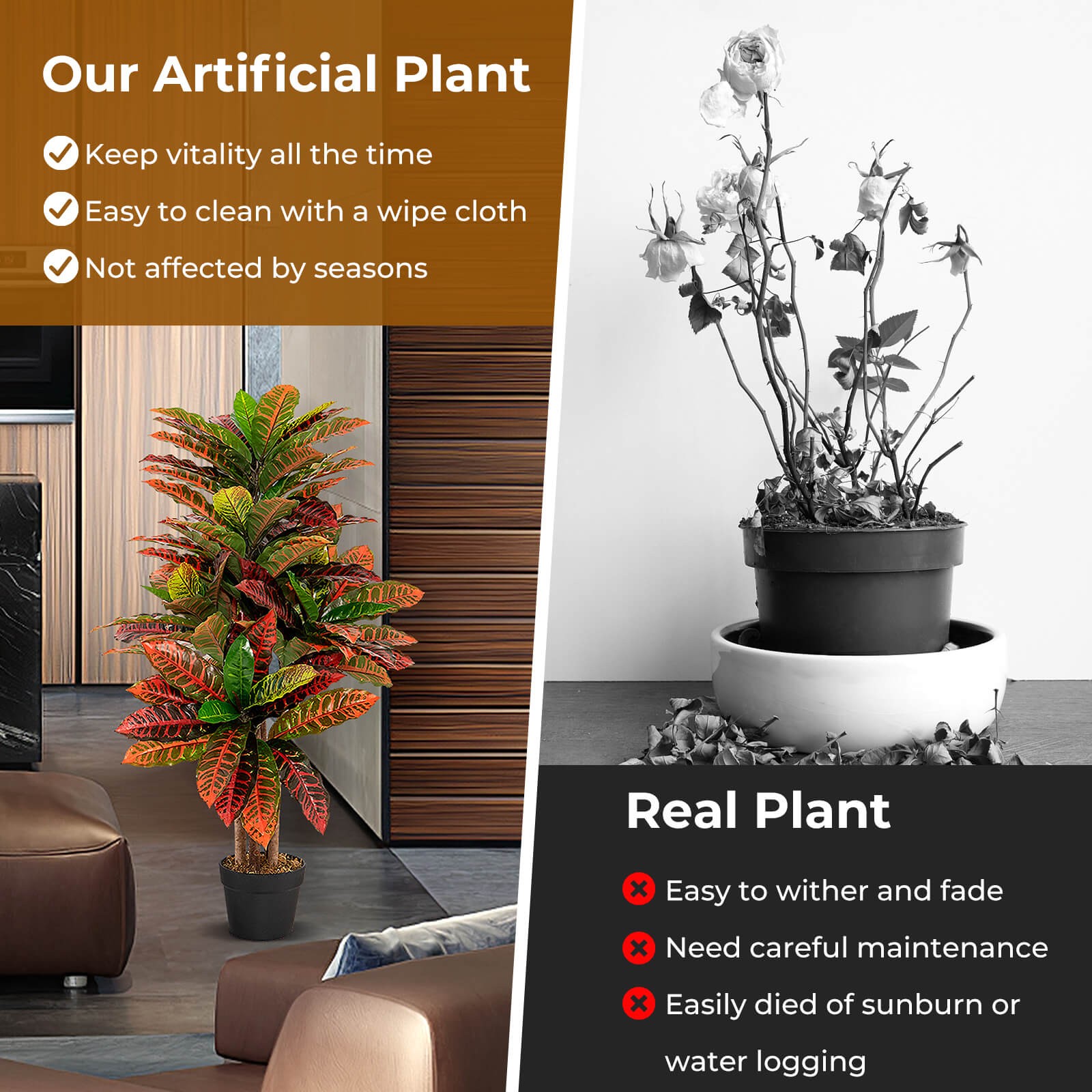40″ Artificial Croton Plant Faux Leaf Fig Tree Rubber & Plastic Fabric Leaves