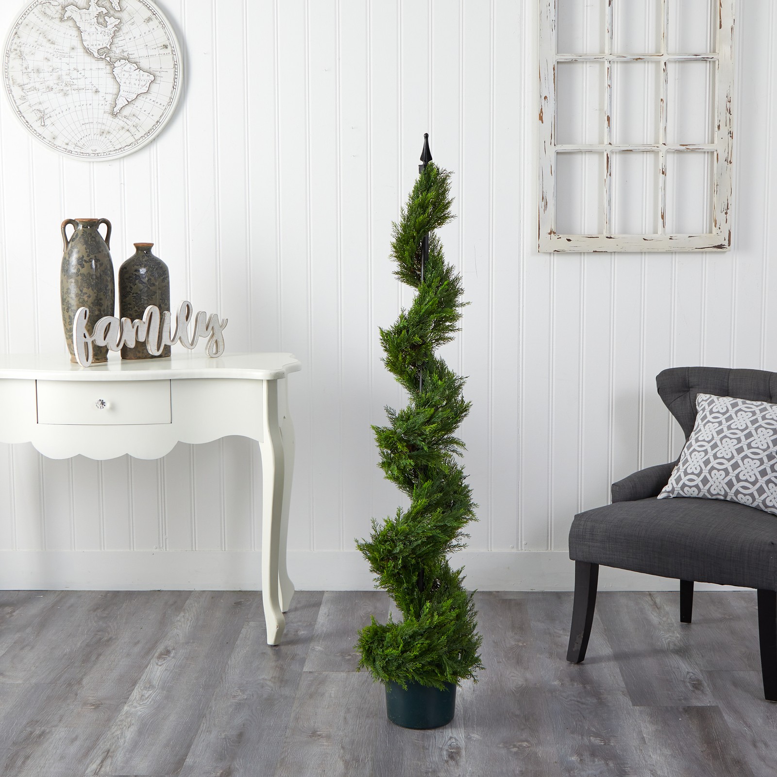 Nearly Natural 60″ Cypress Spiral Tree with Pot and Faux Soil in Green/Black