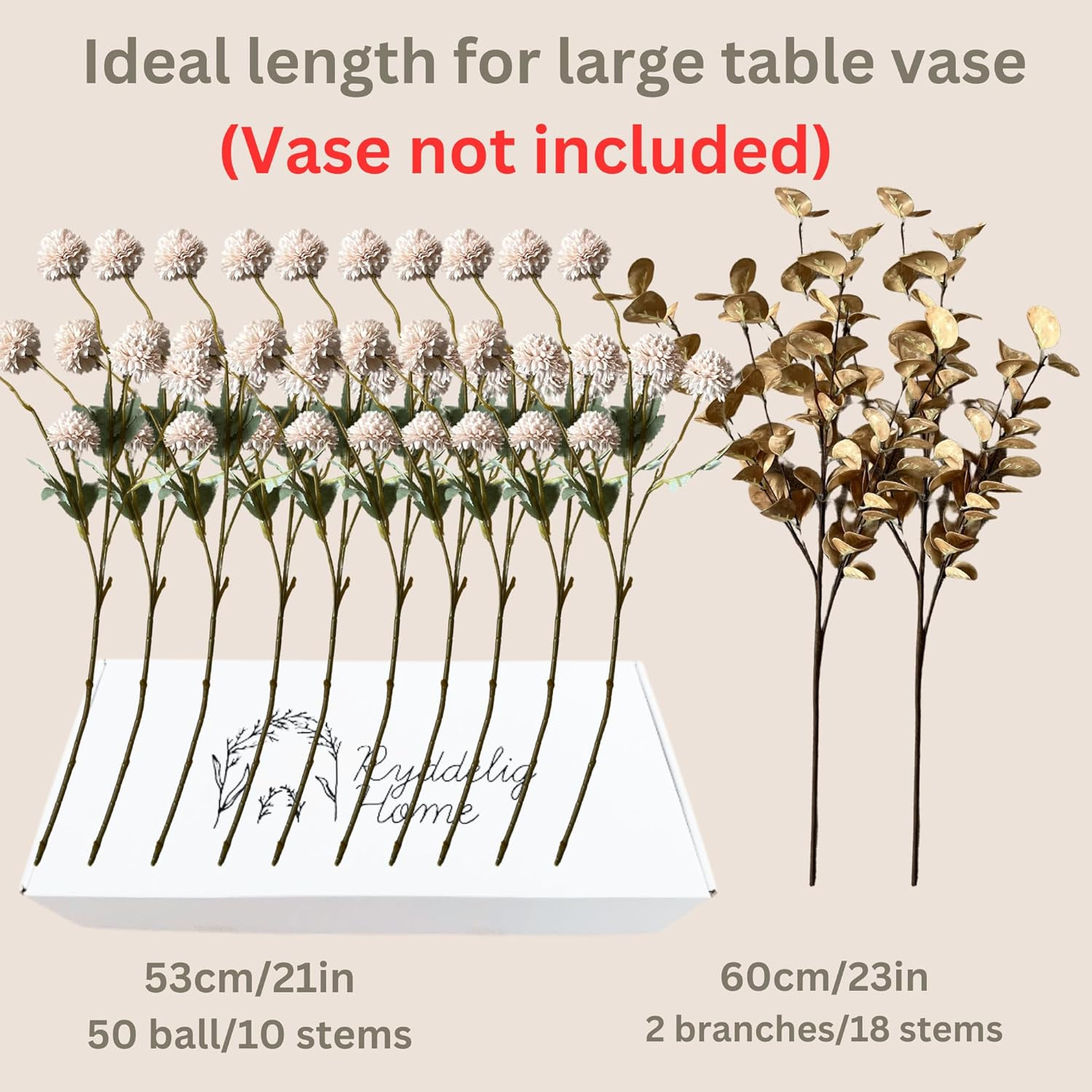 Artificial Flowers for Vase – Beige Silk Mums 10 Long Stems with Eucalyptus