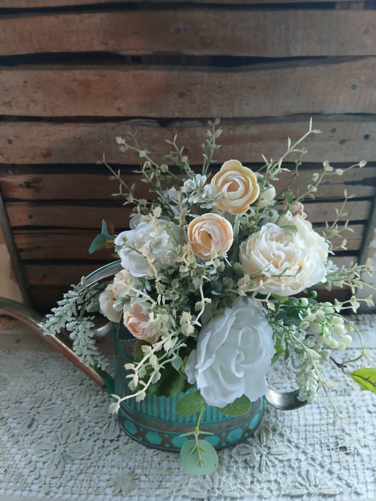 New Silk Flower Arrangement In Teal/Copper Watering Can. Peach, White/ Greens