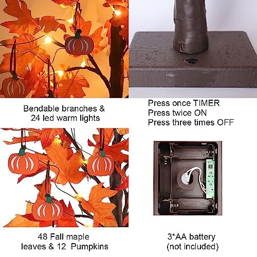 Fall Decorations for Home, 24”2FT Lighted Maple Leaves Tree Fall Decor Orang