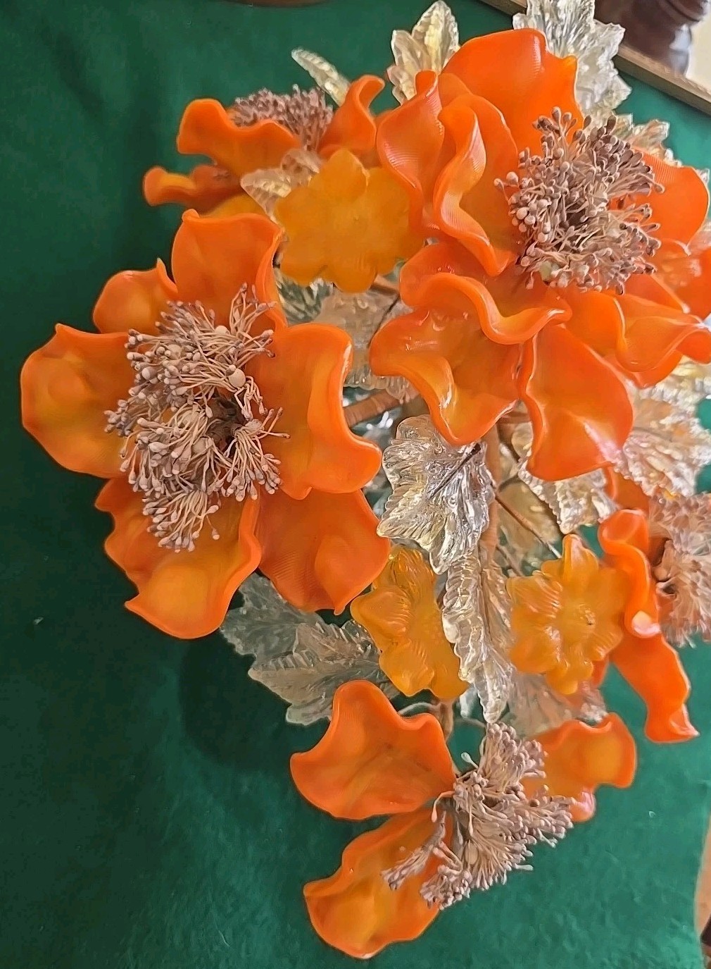 Art Glass Orange Flower Arrangement Peony Bonsai Tree Centerpiece Murano? Italy