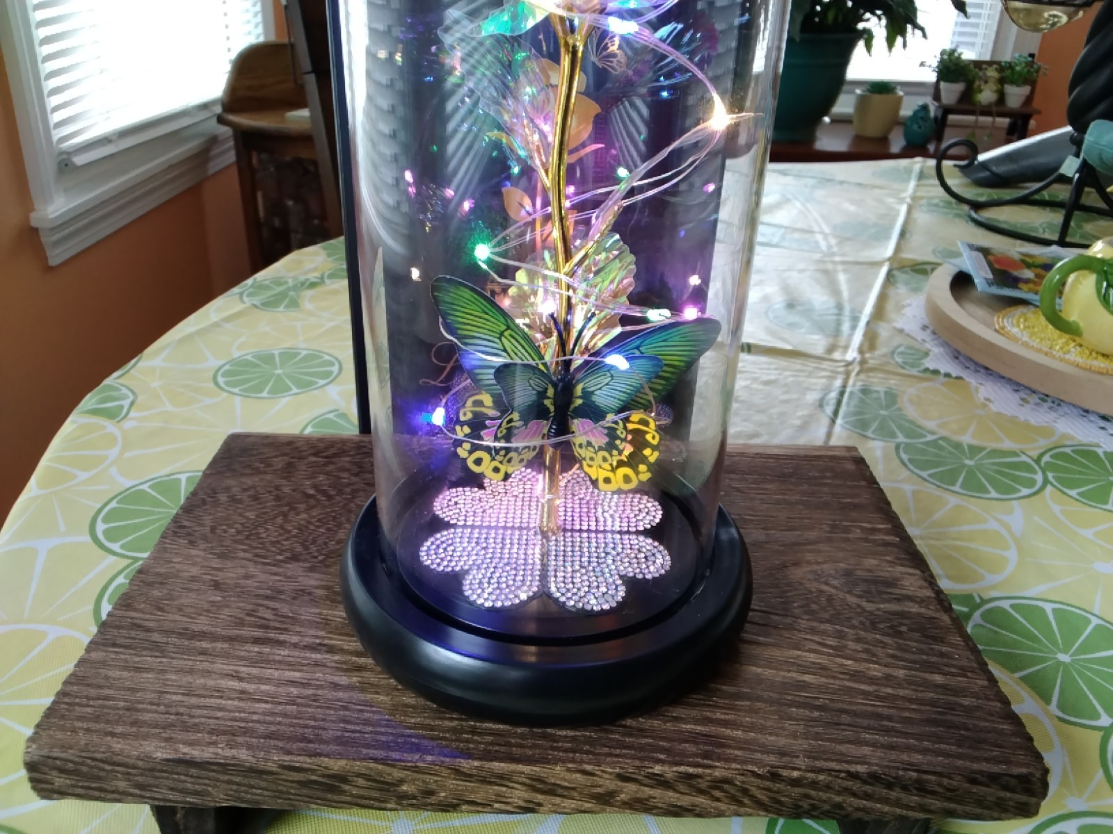 Love Forever Glass Dome With Irridescent Rose With Butterfly Battery Operated