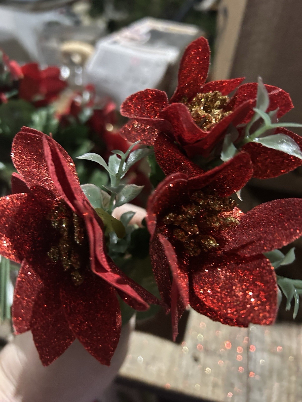 Bloom Artificial Flower Picks 10in Red/Green/Gold Glitter Christmas Floral Decor