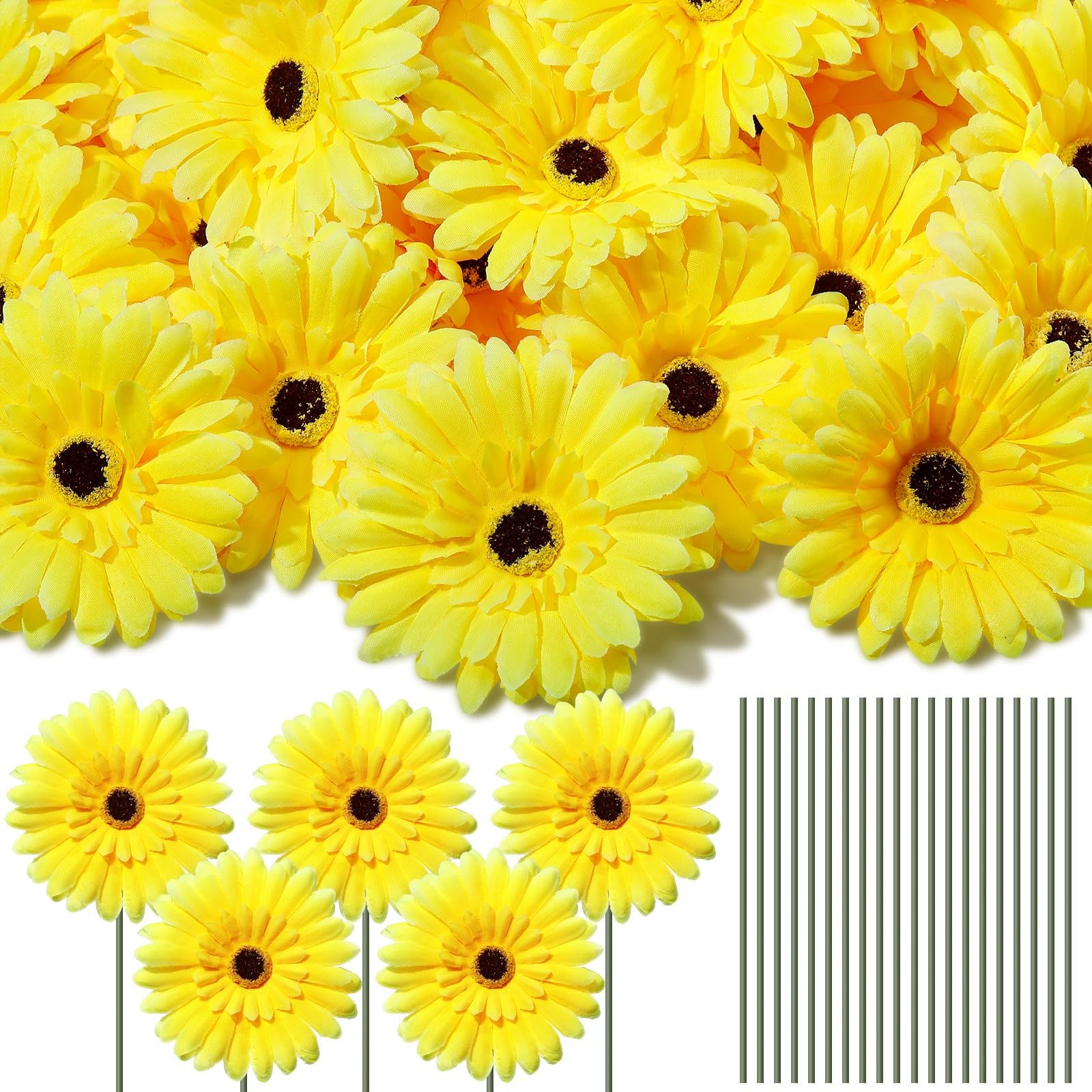 100 Pcs Flowers Long Stem Artificial Daisy, 4 Inches Silk Gerbera Head Flower…