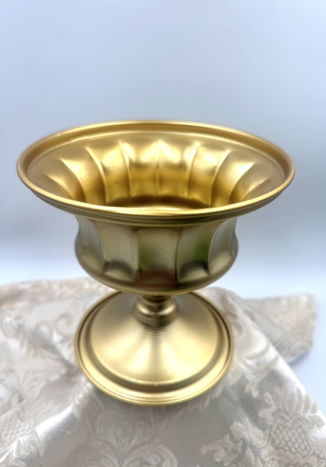 Beautiful Compote Bowl 6” Tall Gold Finish Aluminum Pedestal Ribbed
