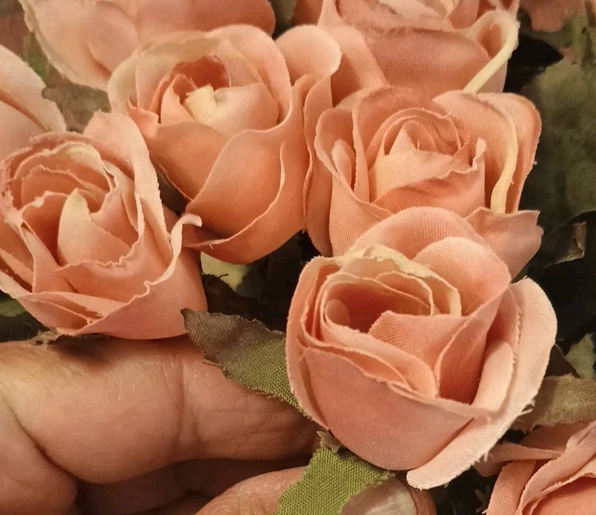 TOP DESIGNS Pink bud ROSES on stems in Resin Tan Rectangle planter FLORAL DECOR