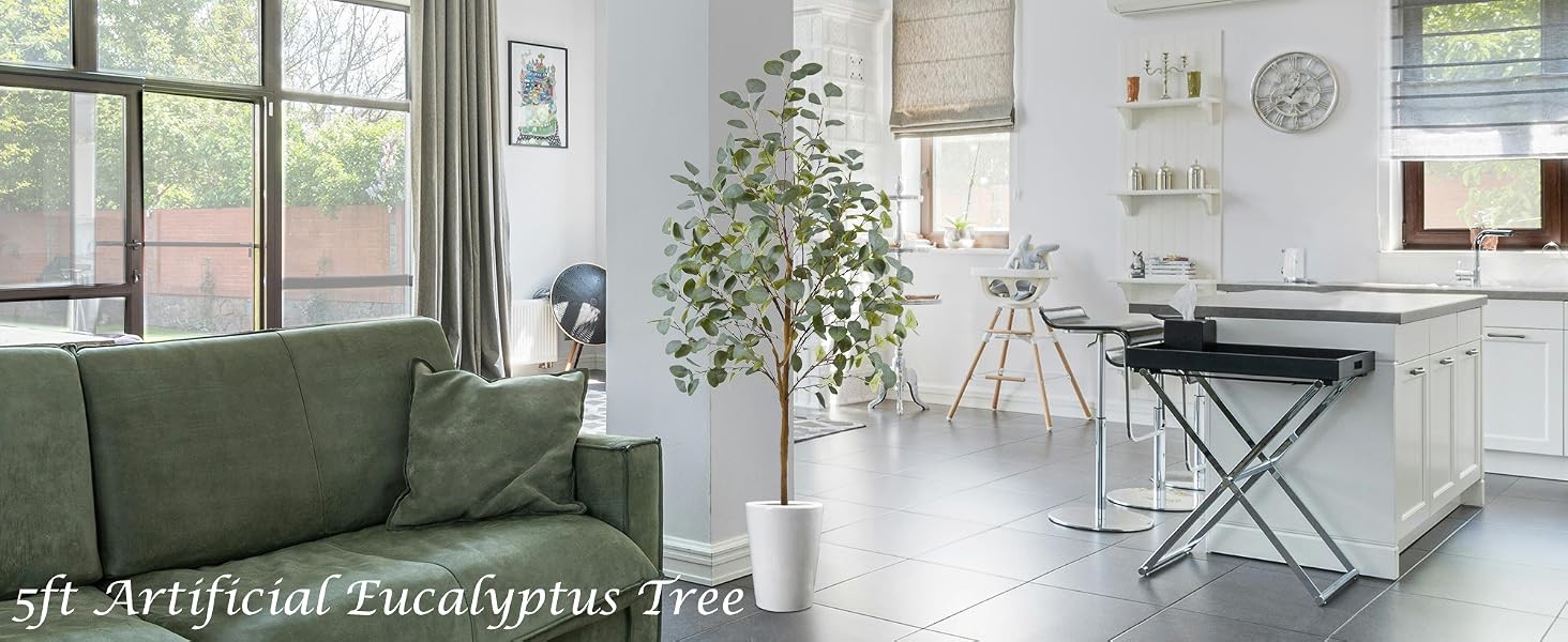Artificial Eucalyptus Tree, 5ft Tall Mordern Fake Eucalyptus Plant with Basket,