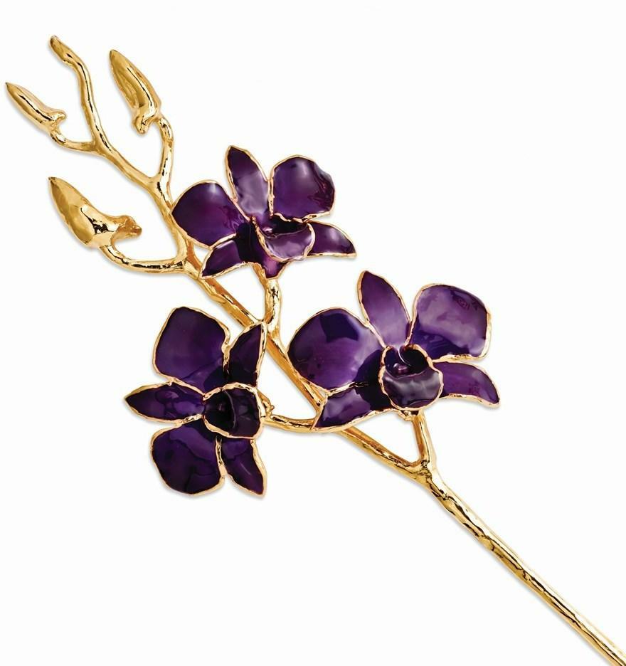 Lacquer Dipped Gold-Tone Trimmed Purple Dendrobium Orchid Stem