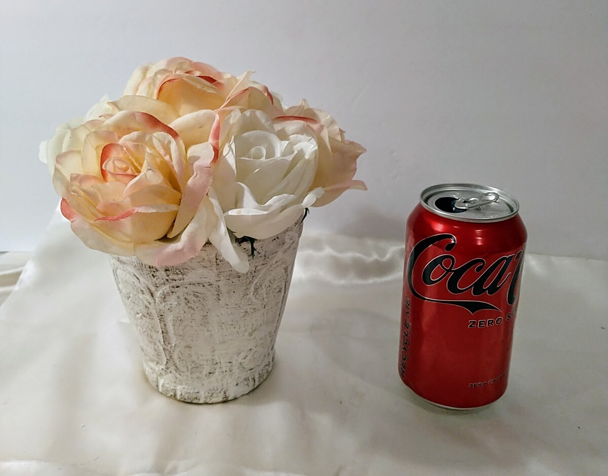 Roses Pottery Pot White & Pink Flowers Artificial Shabby Chic Decor 8″ x 7″