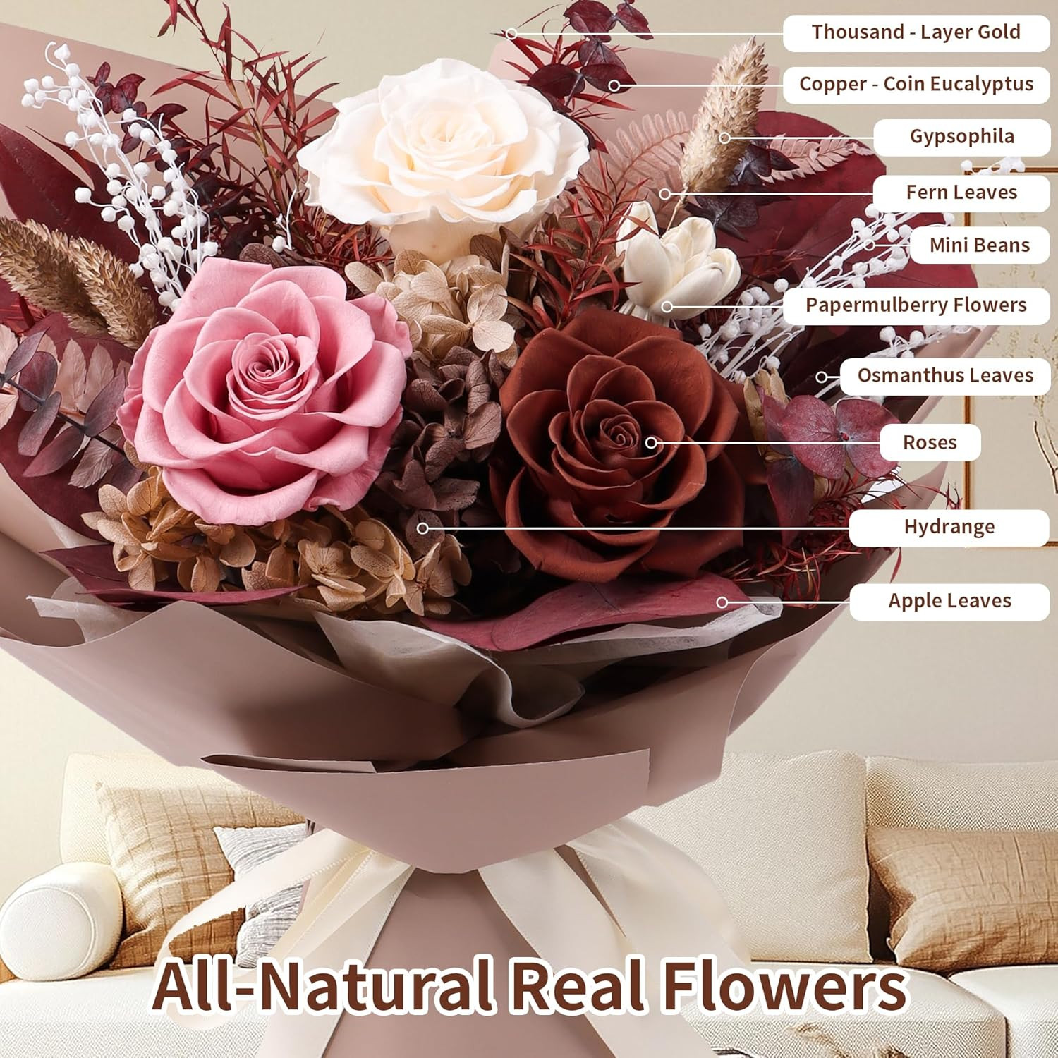 Preserved Flowers Bouquet, Real Eternal Flowers, Gifts for Women, Birthday Gifts