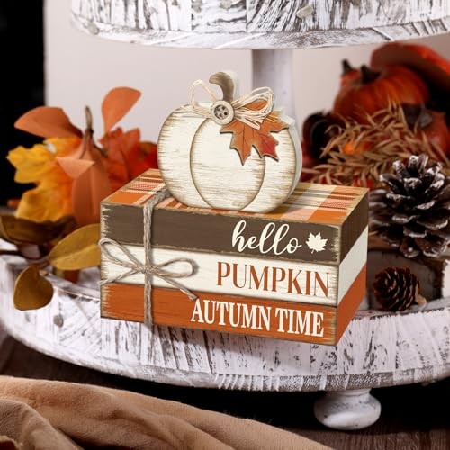 4 Pcs Tiered Tray Decorations Thanksgiving Wooden Pumpkin and Maple Leaf Fall