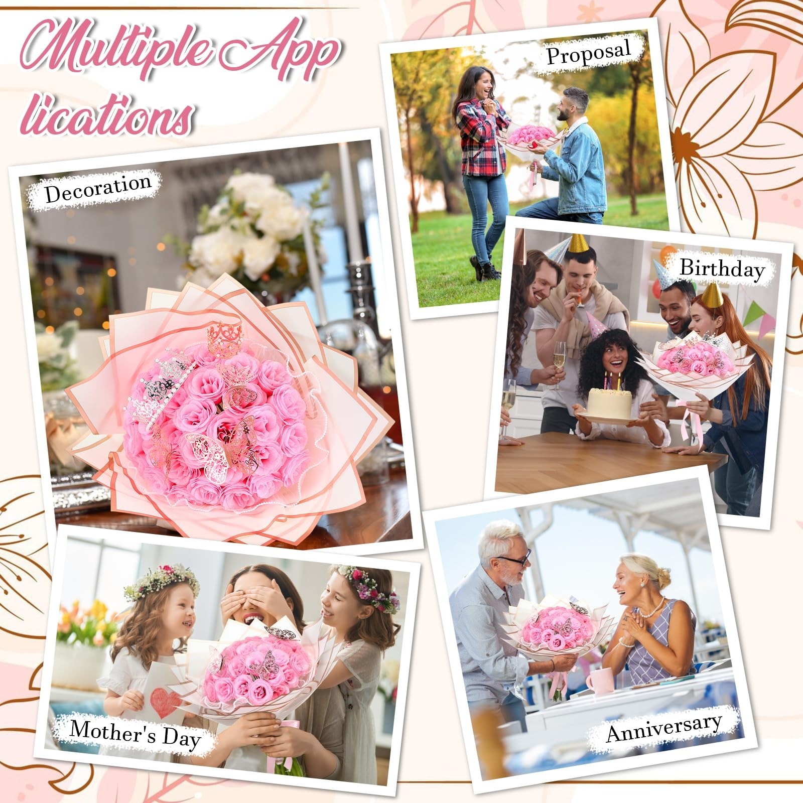 36 Pcs Pink Glitter Roses Bouquet Kit – DIY Flowers, Wrapping Paper & 3D Butterf